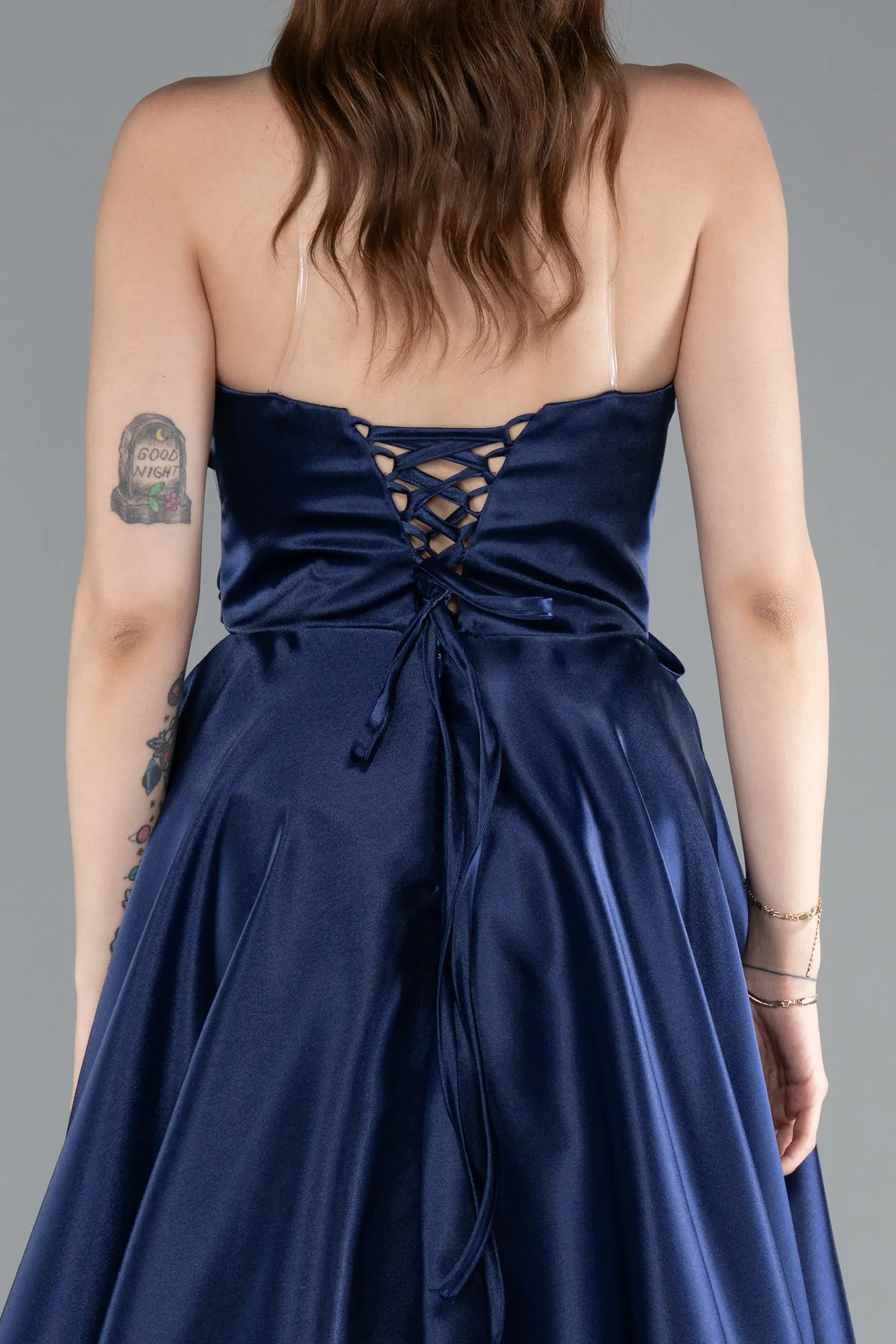 Navy Blue-Long Satin Evening Dress ABU4975
