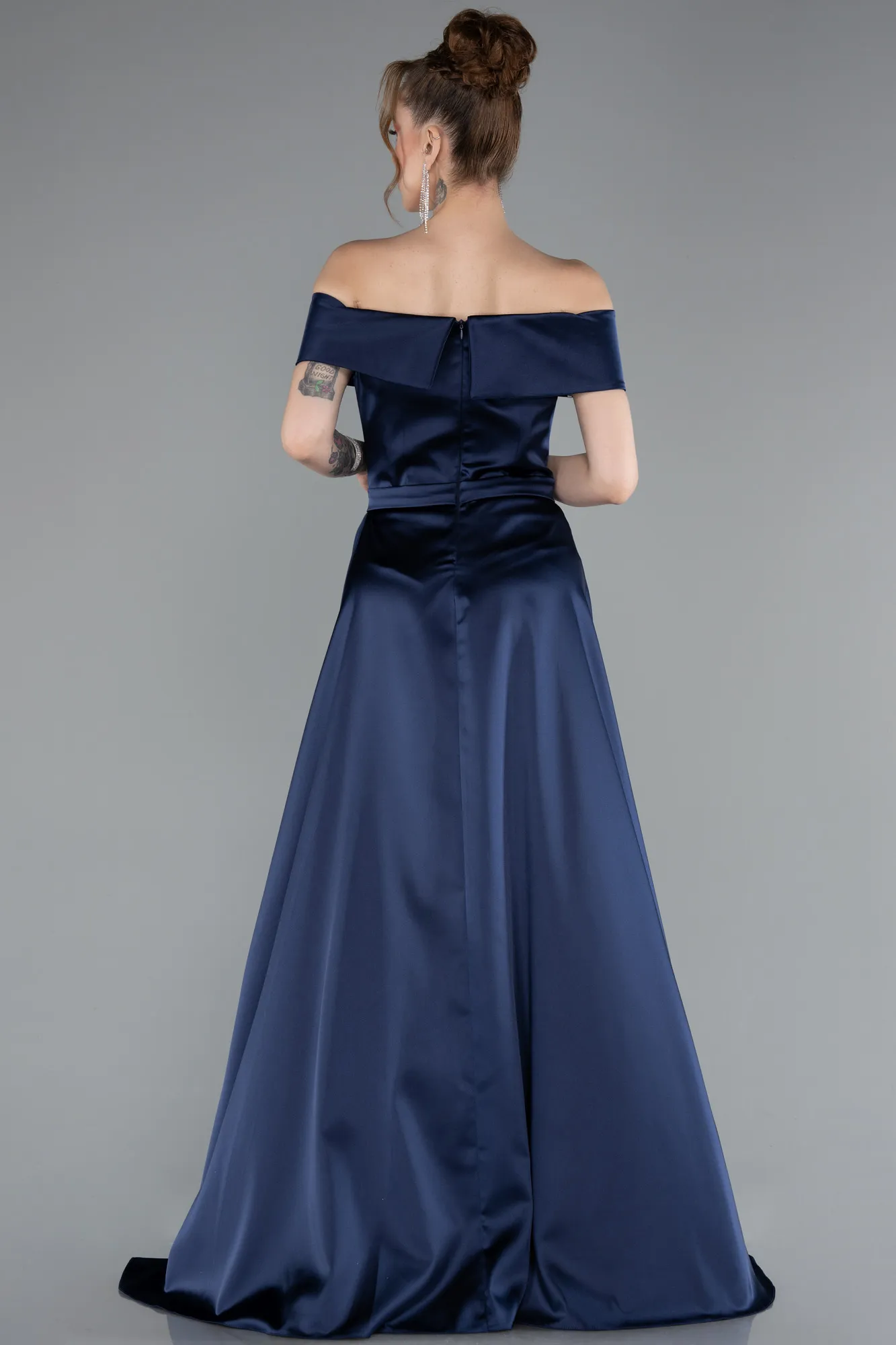 Navy Blue-Long Satin Evening Dress ABU4982