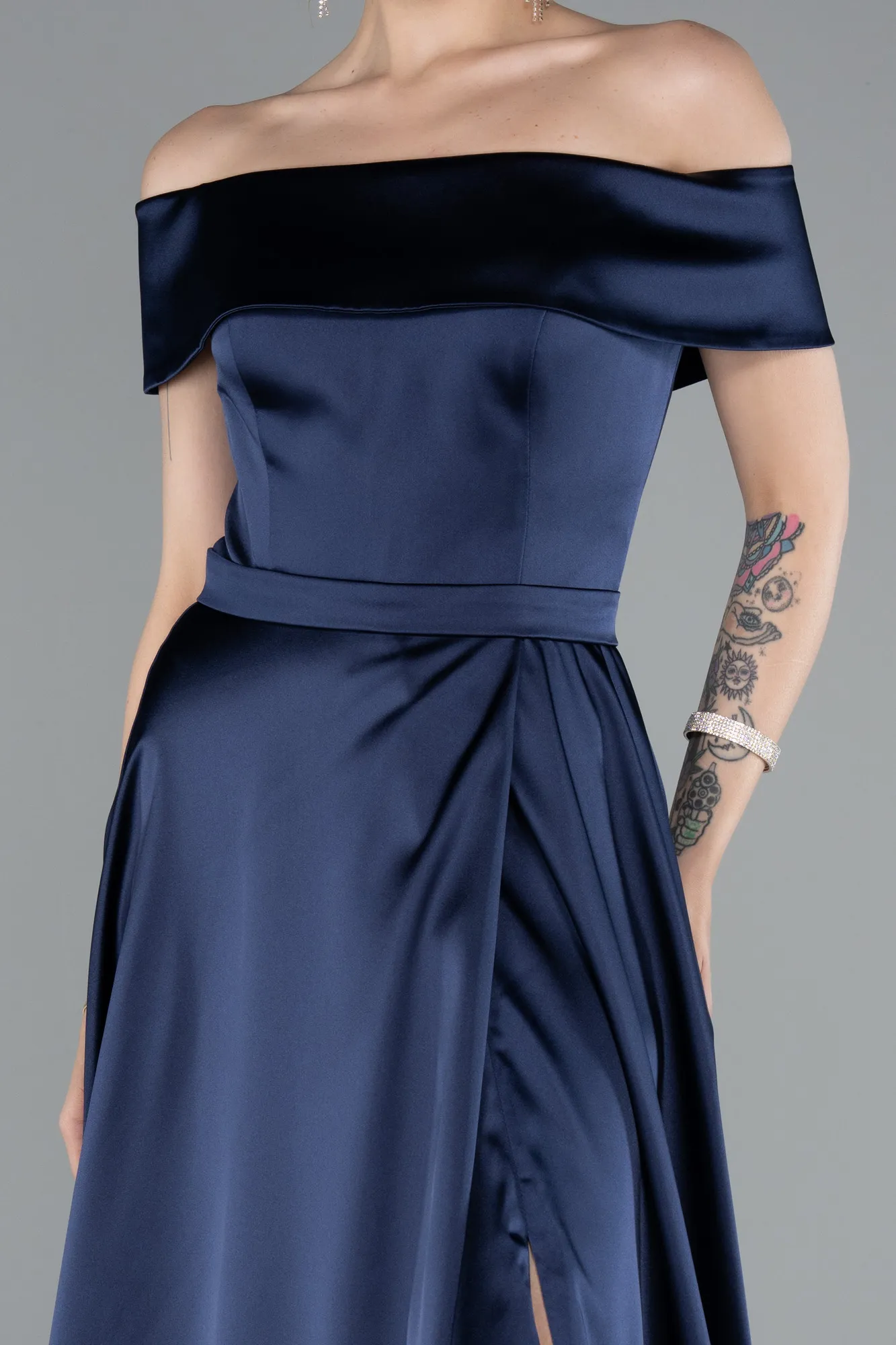 Navy Blue-Long Satin Evening Dress ABU4982