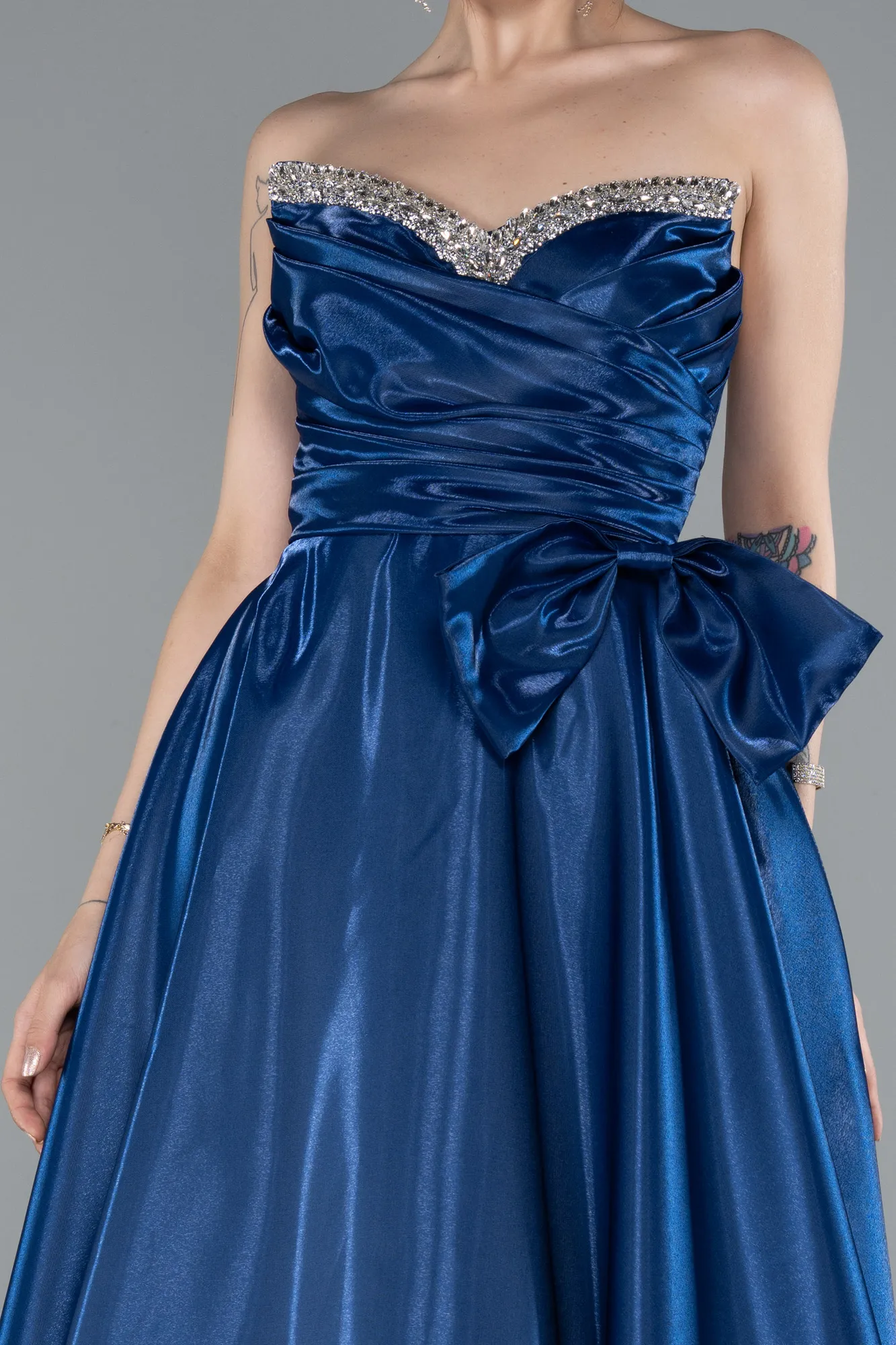Navy Blue-Long Satin Evening Dress ABU4991