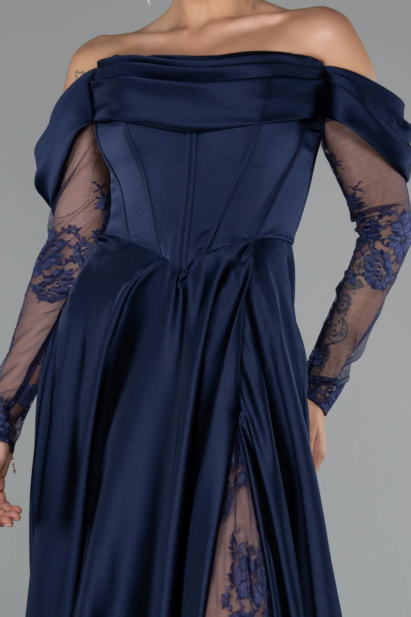 Navy Blue-Long Satin Evening Dress ABU5054