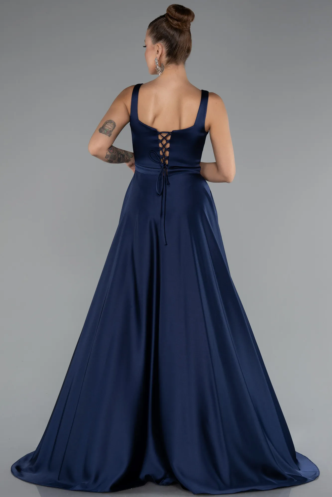 Navy Blue-Long Satin Evening Dress ABU5136