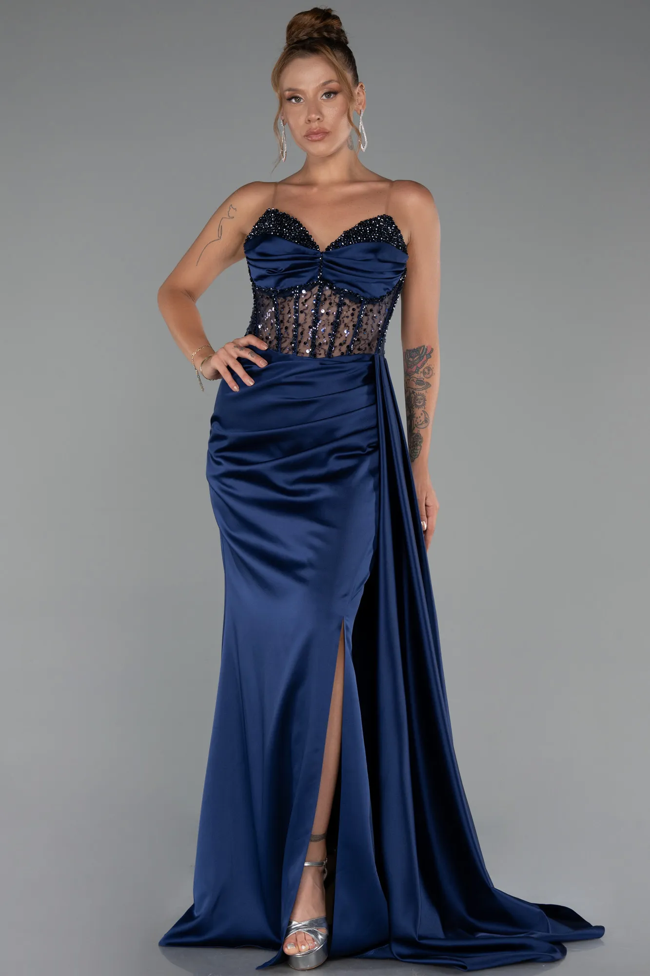 Navy Blue-Long Satin Evening Dress ABU5288