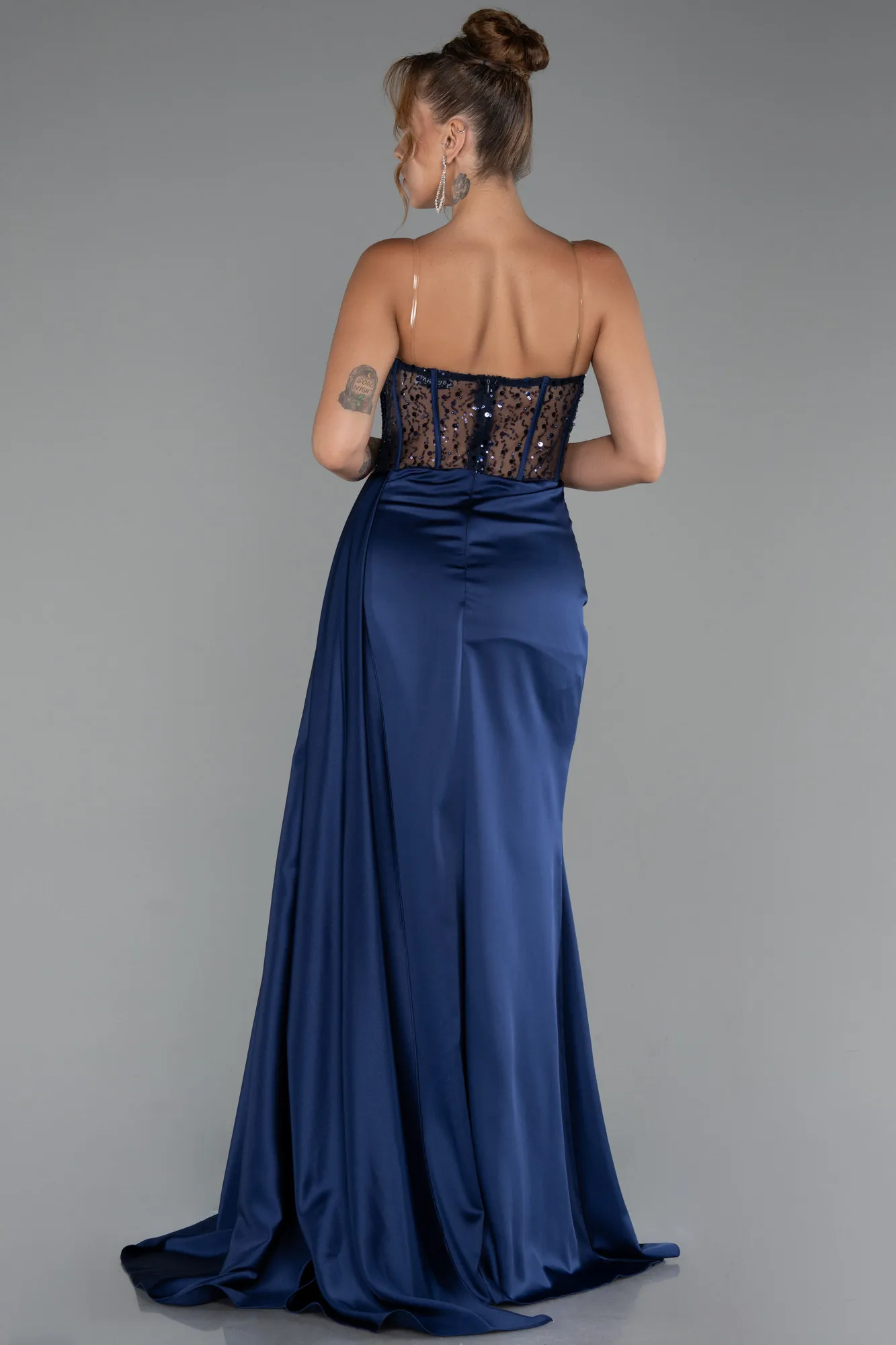 Navy Blue-Long Satin Evening Dress ABU5288
