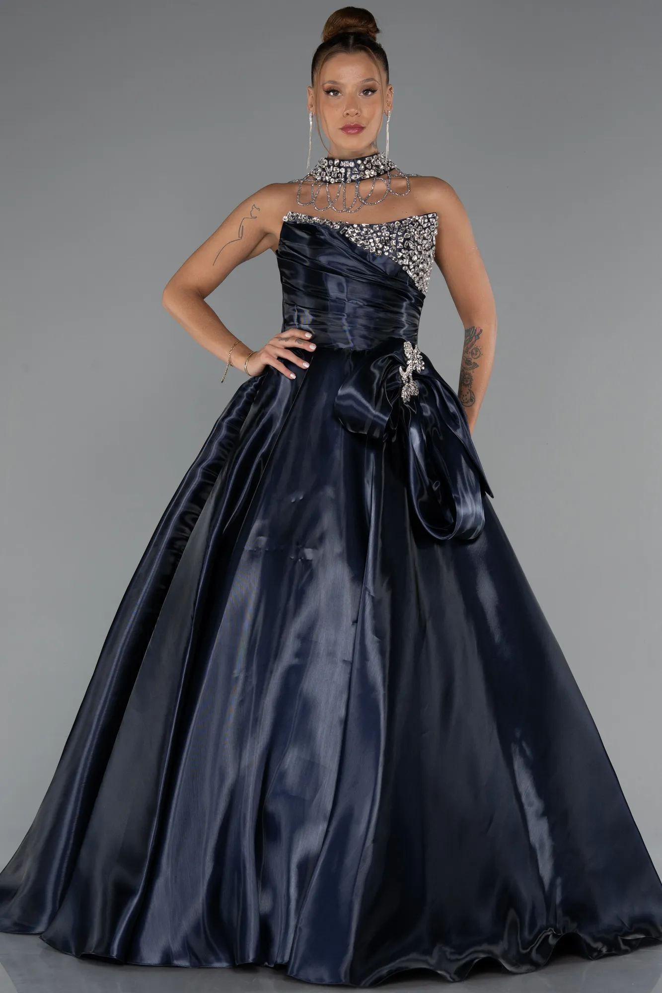 Navy Blue-Long Satin Evening Dress ABU5324