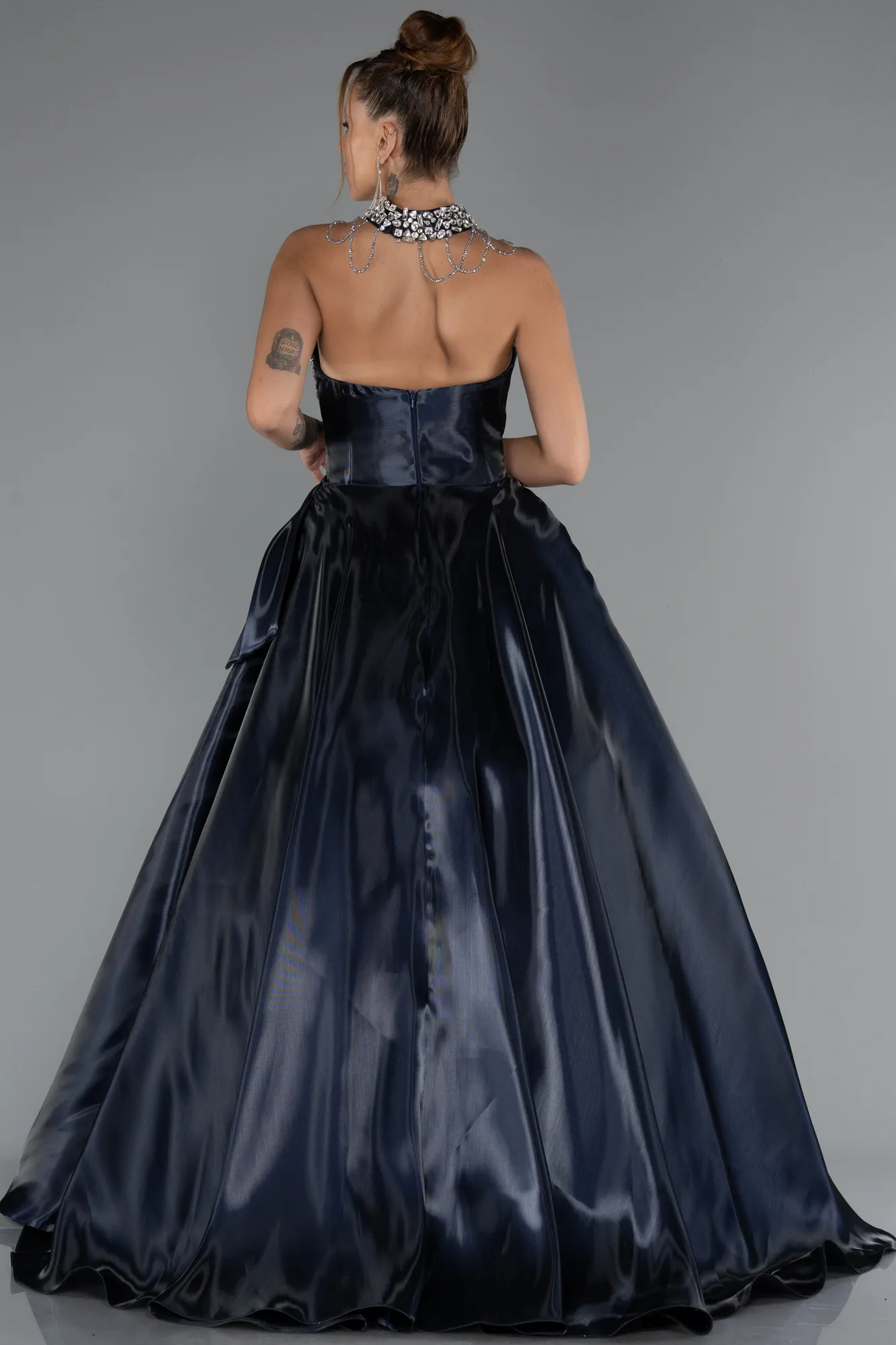 Navy Blue-Long Satin Evening Dress ABU5324