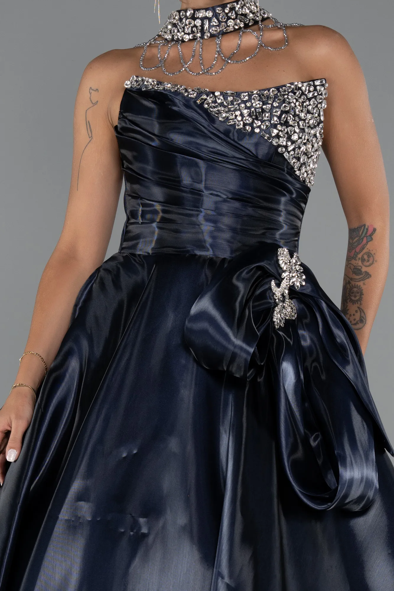 Navy Blue-Long Satin Evening Dress ABU5324