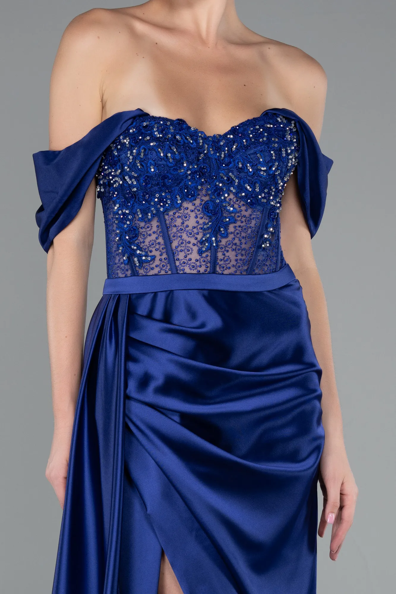 Navy Blue-Long Satin Evening Dress ABU5520