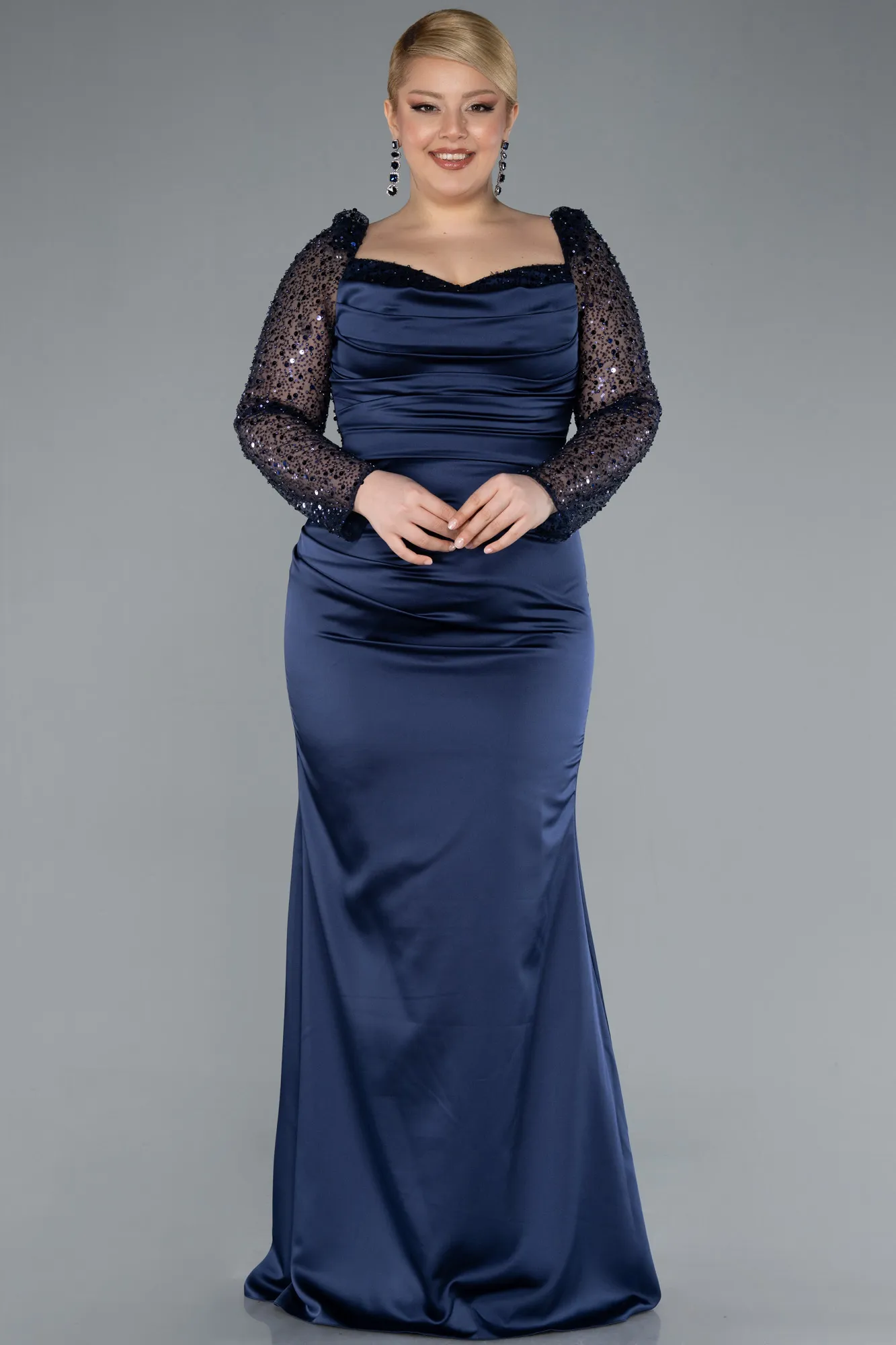 Navy Blue-Long Satin Formal Plus Size Dress ABU4670