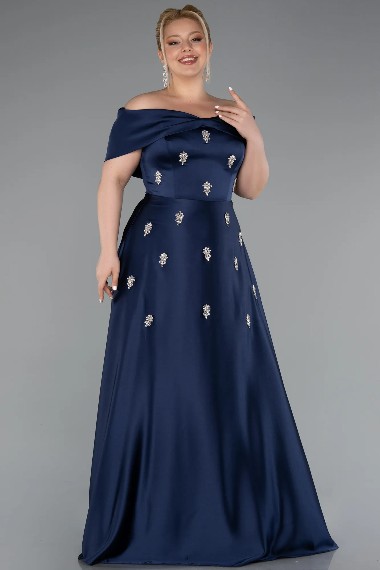 Navy Blue-Long Satin Formal Plus Size Dress ABU5072