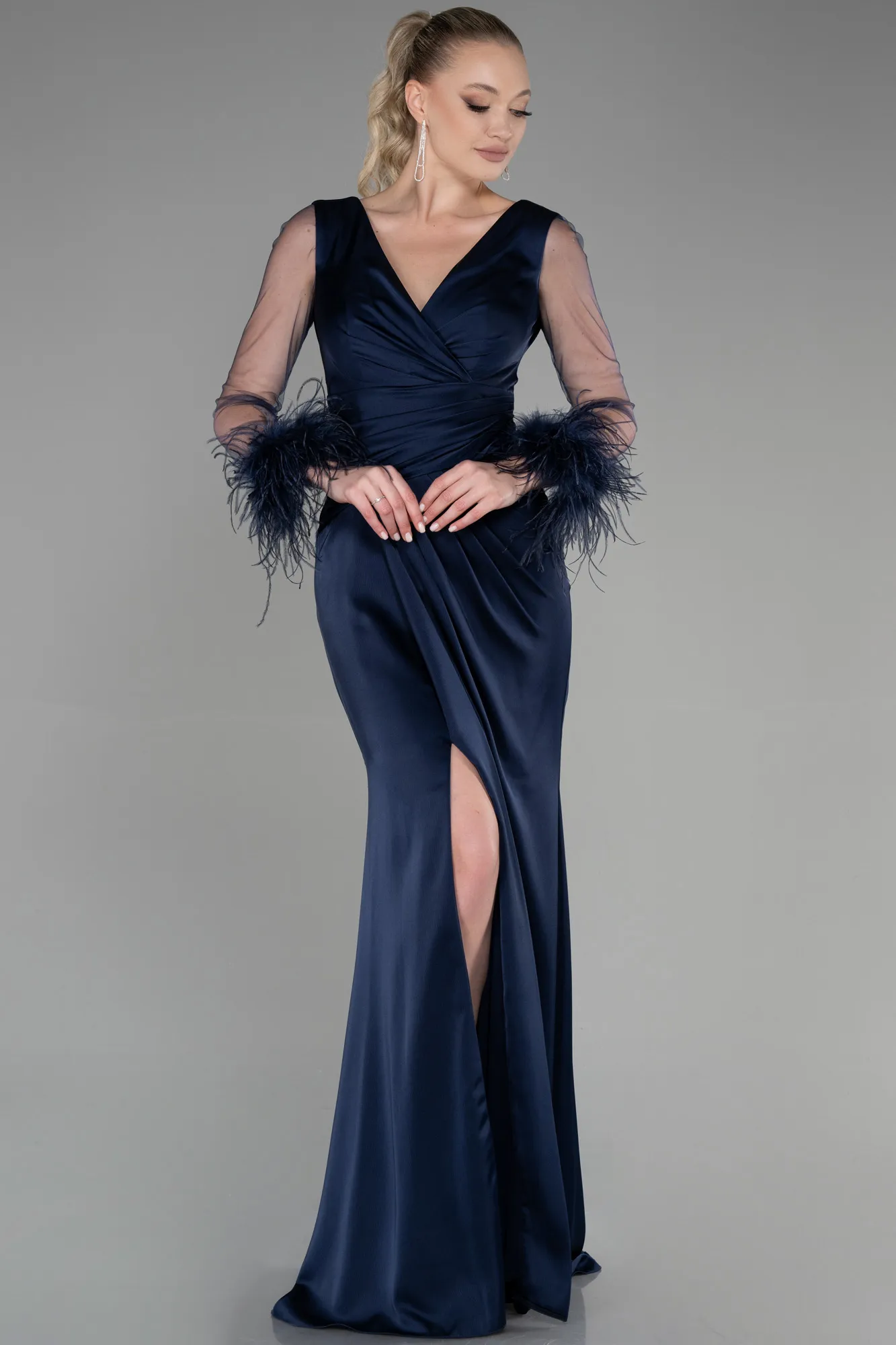 Navy Blue-Long Satin Mermaid Prom Dress ABU3358