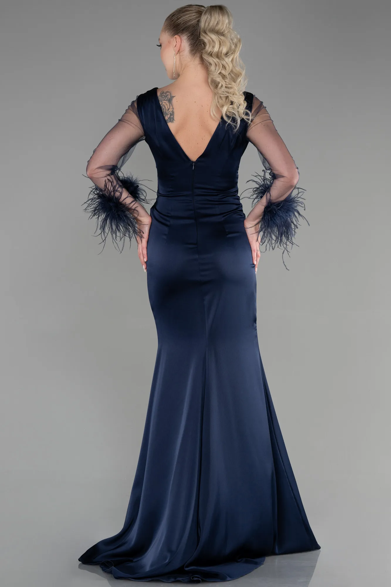 Navy Blue-Long Satin Mermaid Prom Dress ABU3358