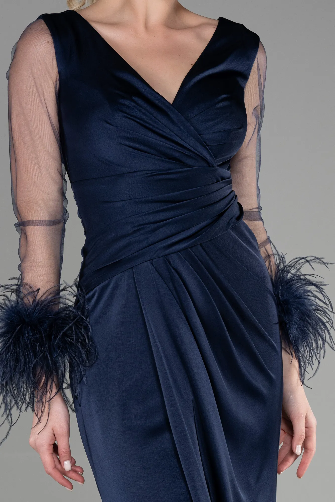 Navy Blue-Long Satin Mermaid Prom Dress ABU3358