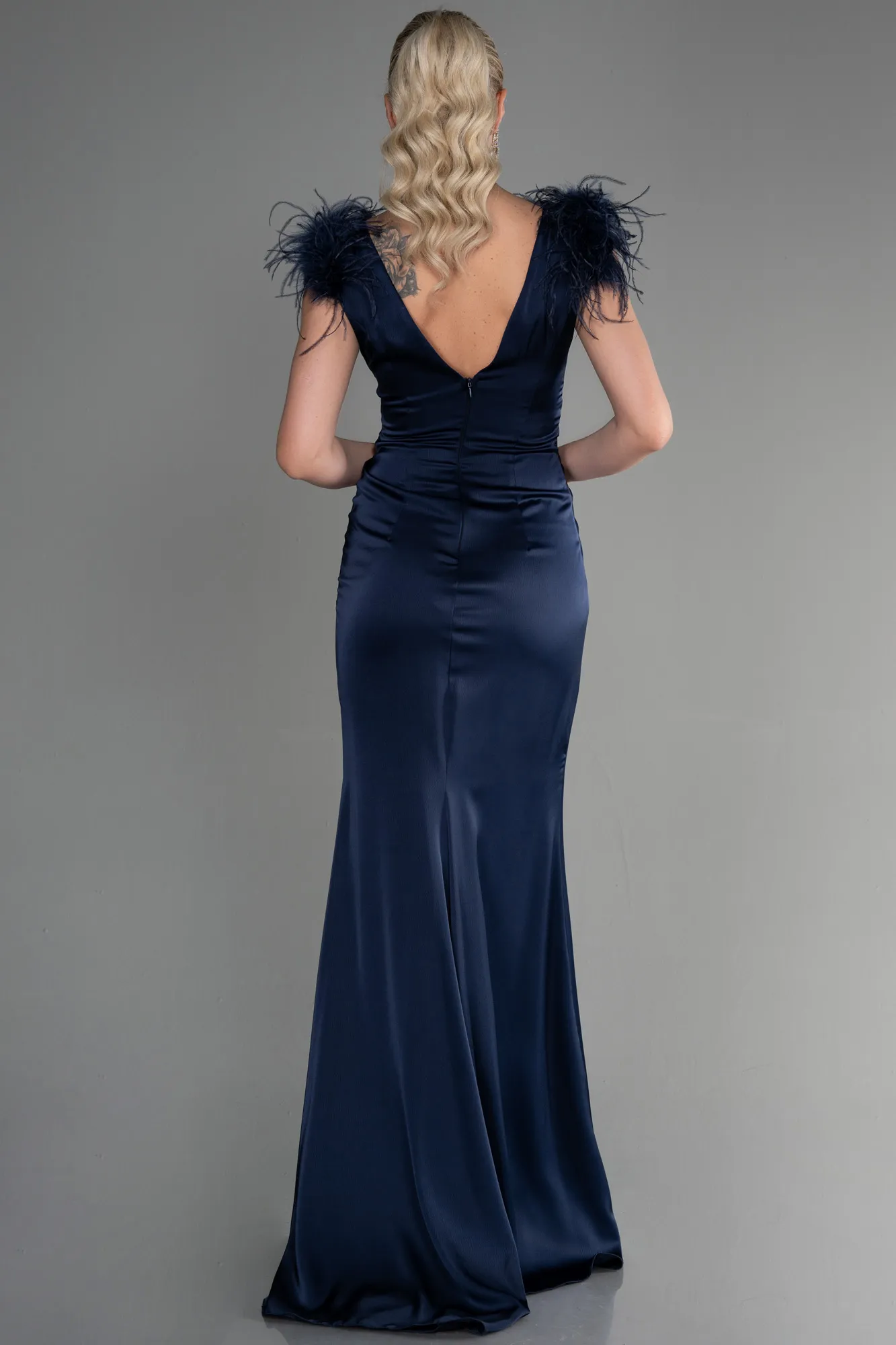 Navy Blue-Long Satin Mermaid Prom Dress ABU3456