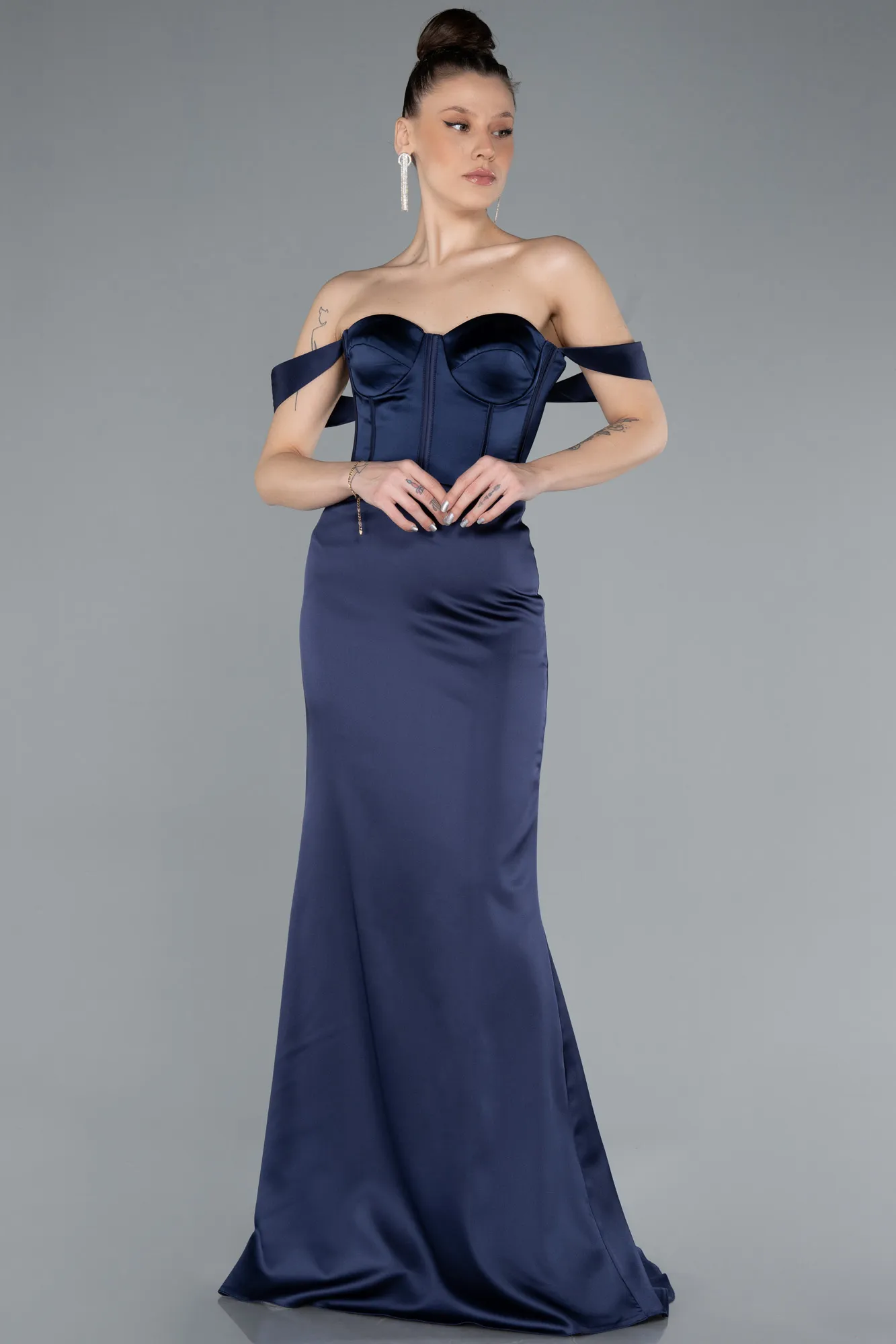 Navy Blue-Long Satin Mermaid Prom Dress ABU4665