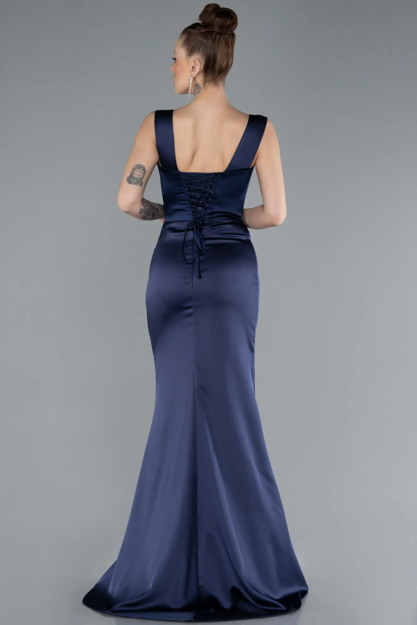 Navy Blue-Long Satin Mermaid Prom Dress ABU4665