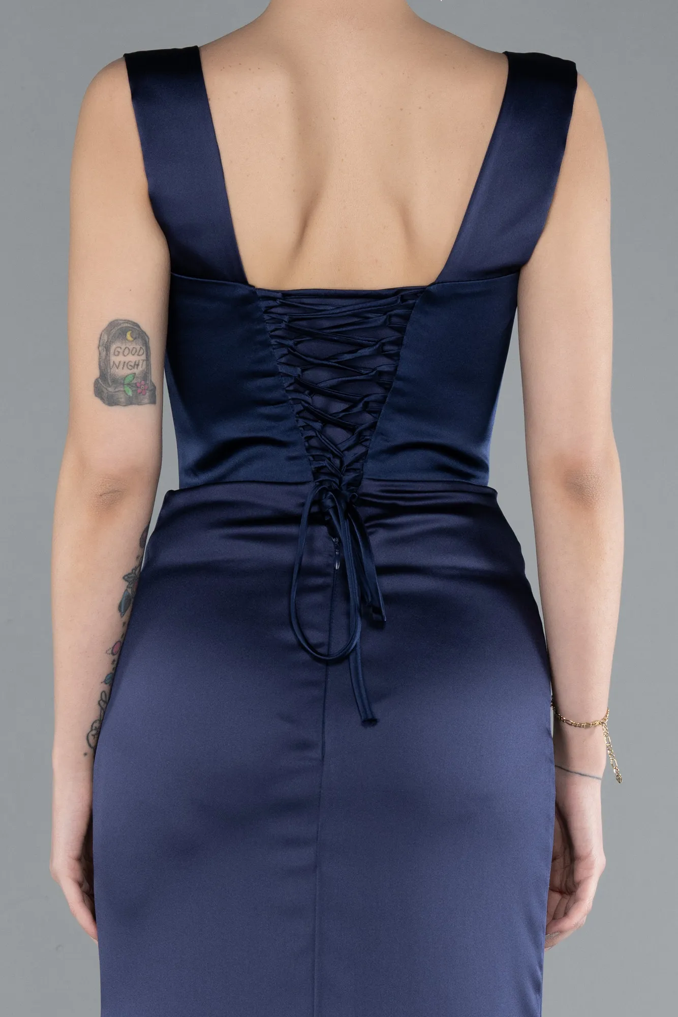 Navy Blue-Long Satin Mermaid Prom Dress ABU4665