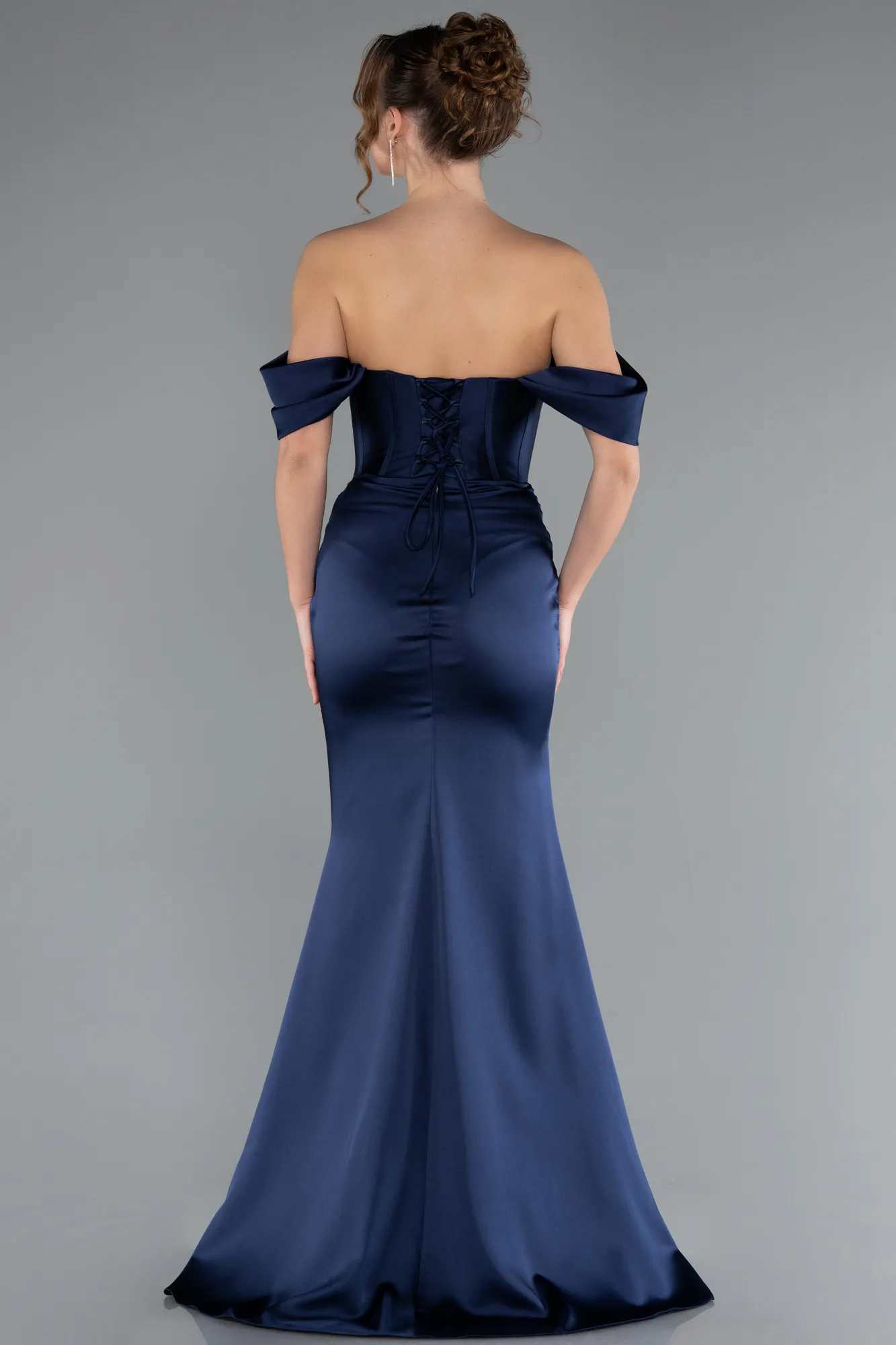 Navy Blue-Long Satin Mermaid Prom Dress ABU5017