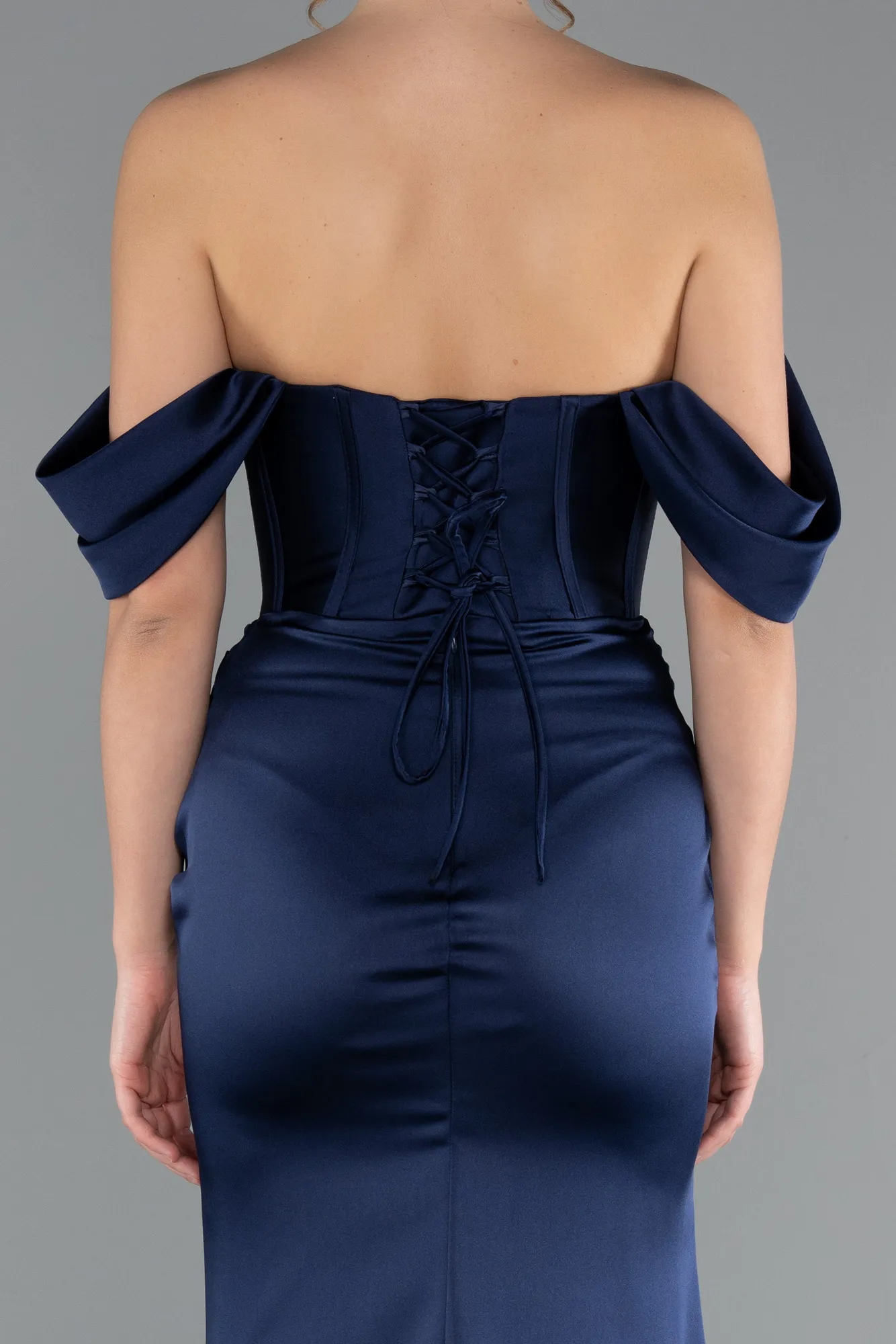 Navy Blue-Long Satin Mermaid Prom Dress ABU5017