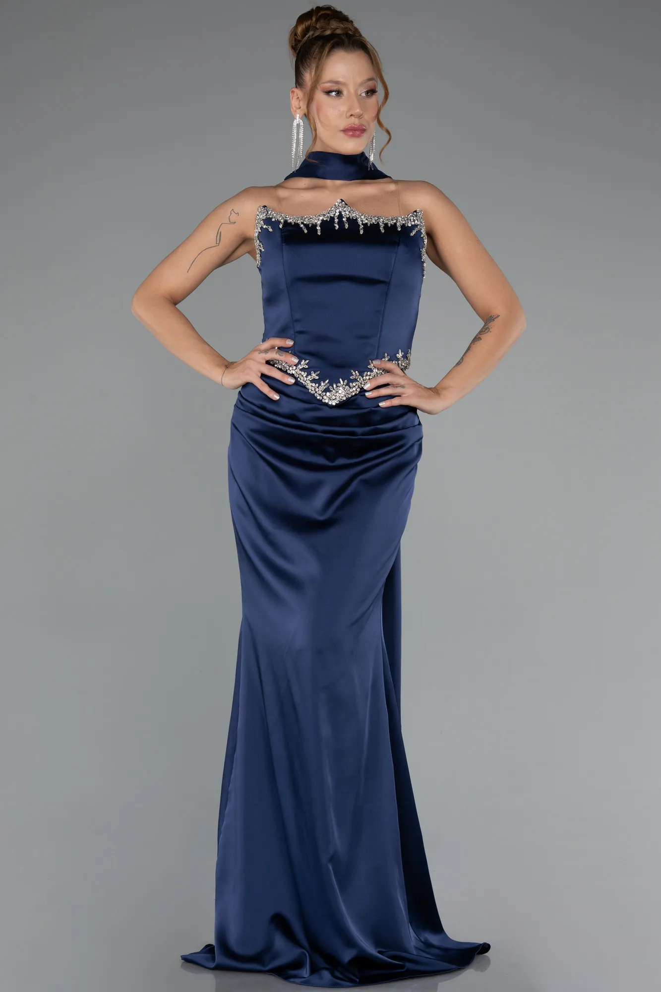 Navy Blue-Long Satin Mermaid Prom Dress ABU5370