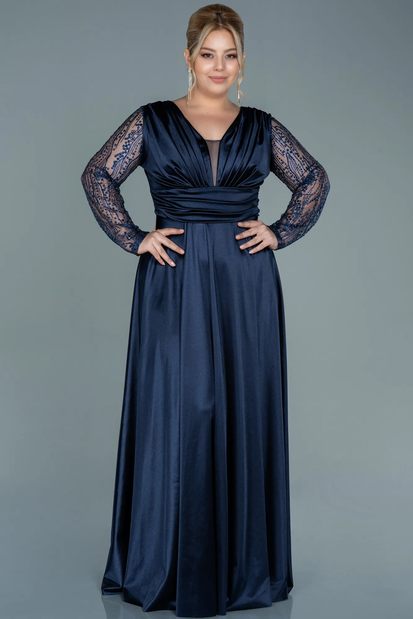 Navy Blue-Long Satin Oversized Evening Dress ABU2641