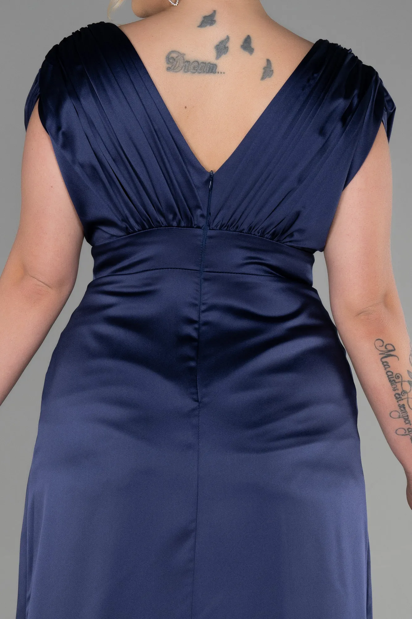 Navy Blue-Long Satin Plus Size Engagement Dress ABU3433