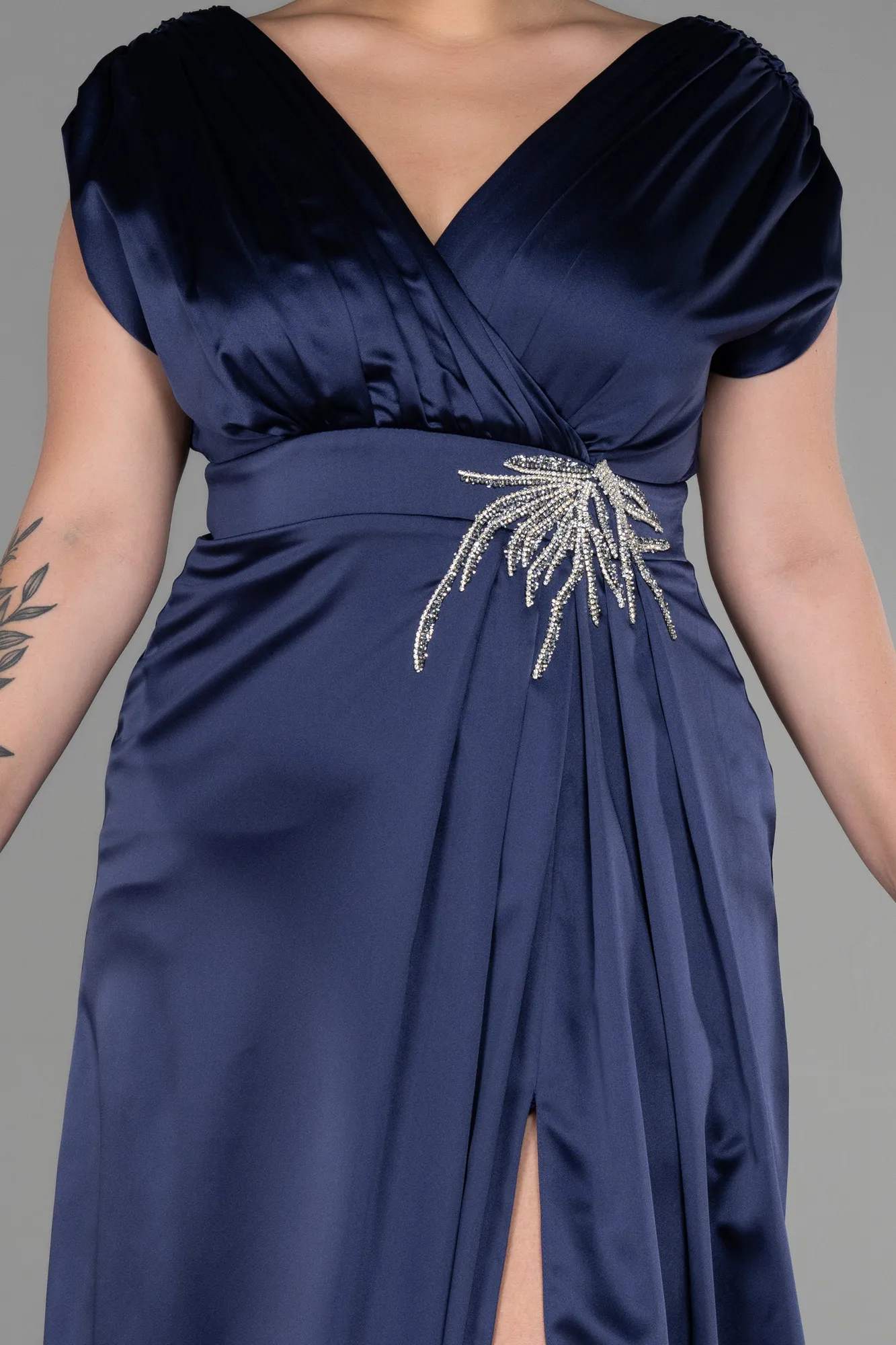 Navy Blue-Long Satin Plus Size Engagement Dress ABU3433