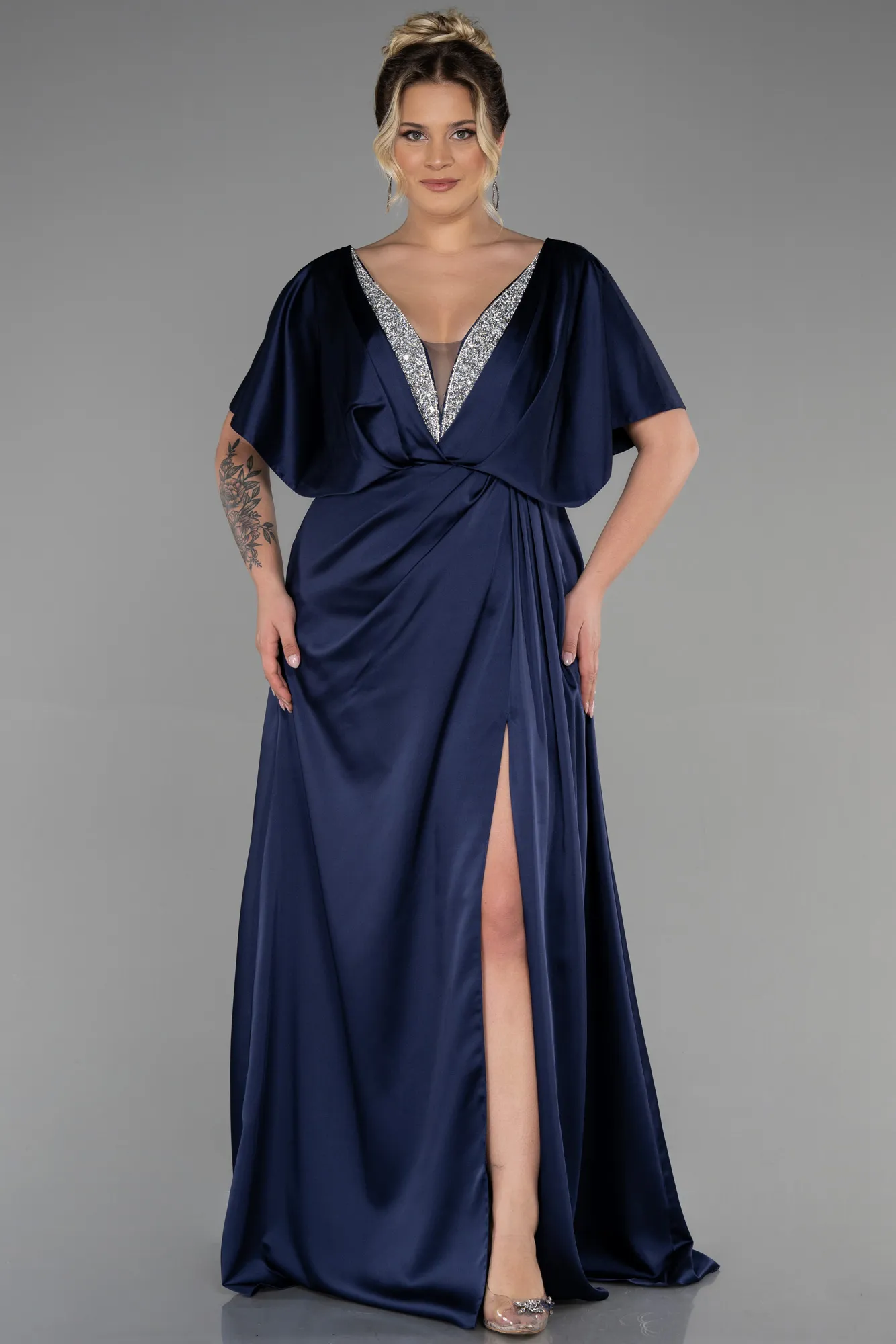 Navy Blue-Long Satin Plus Size Engagement Dress ABU3442