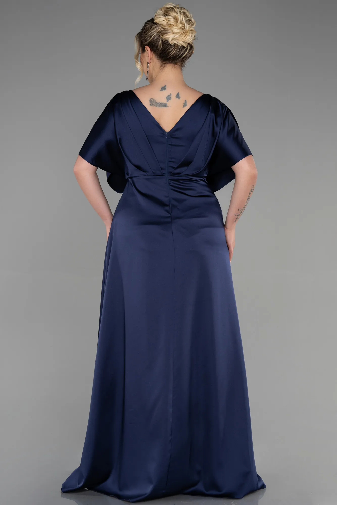 Navy Blue-Long Satin Plus Size Engagement Dress ABU3442