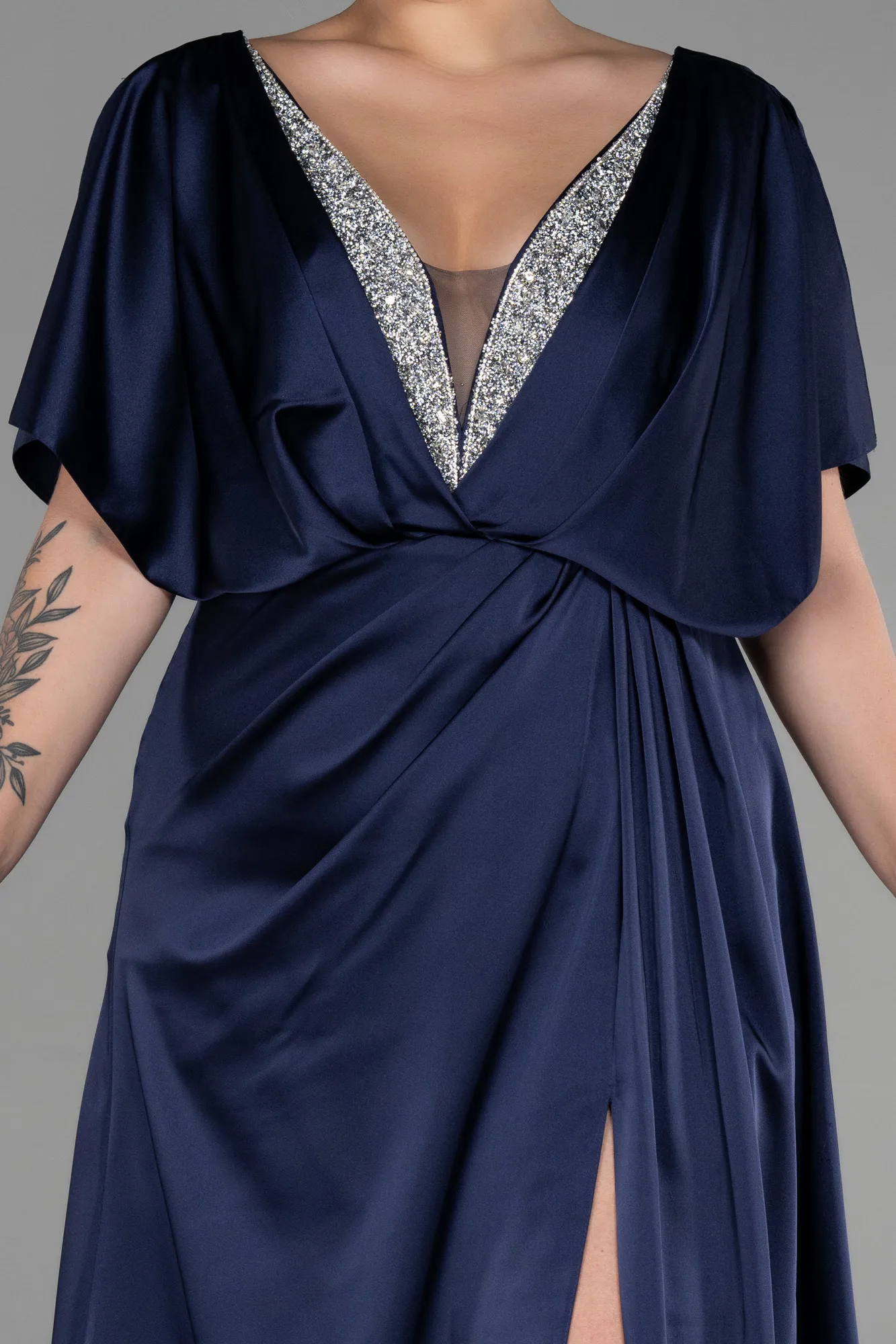 Navy Blue-Long Satin Plus Size Engagement Dress ABU3442