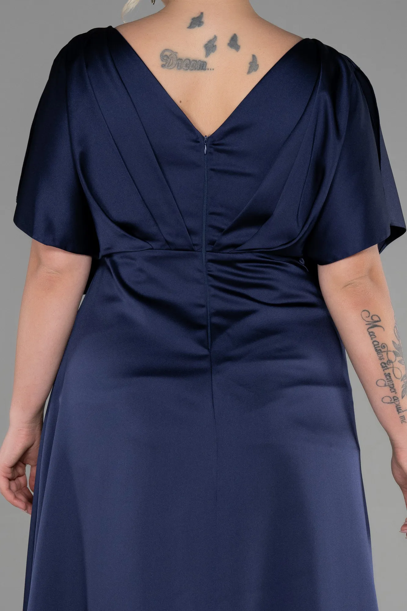 Navy Blue-Long Satin Plus Size Engagement Dress ABU3442