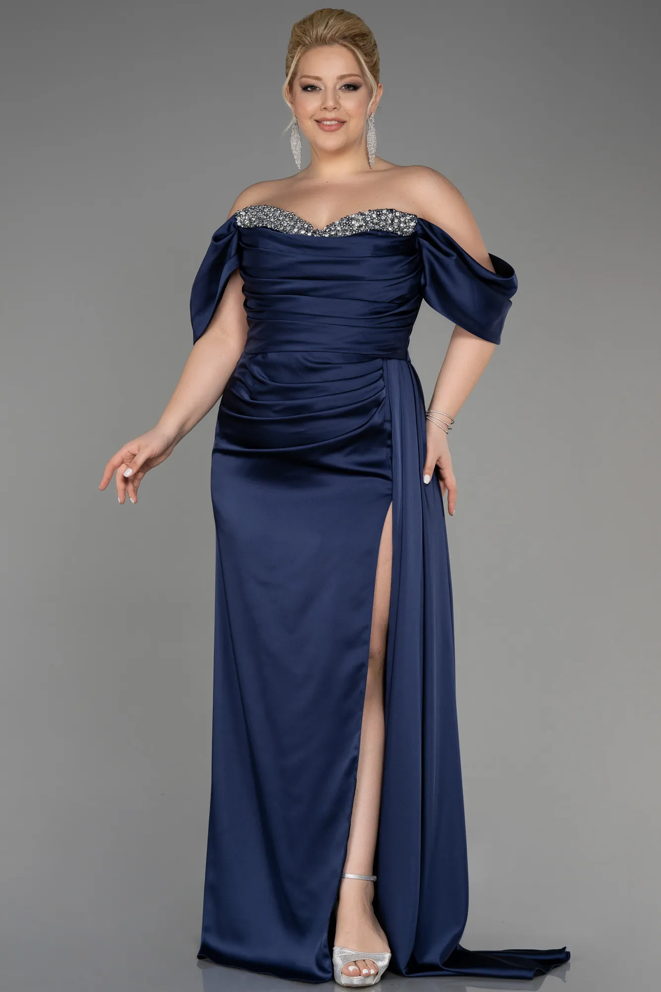 Navy Blue-Long Satin Plus Size Engagement Dress ABU3655
