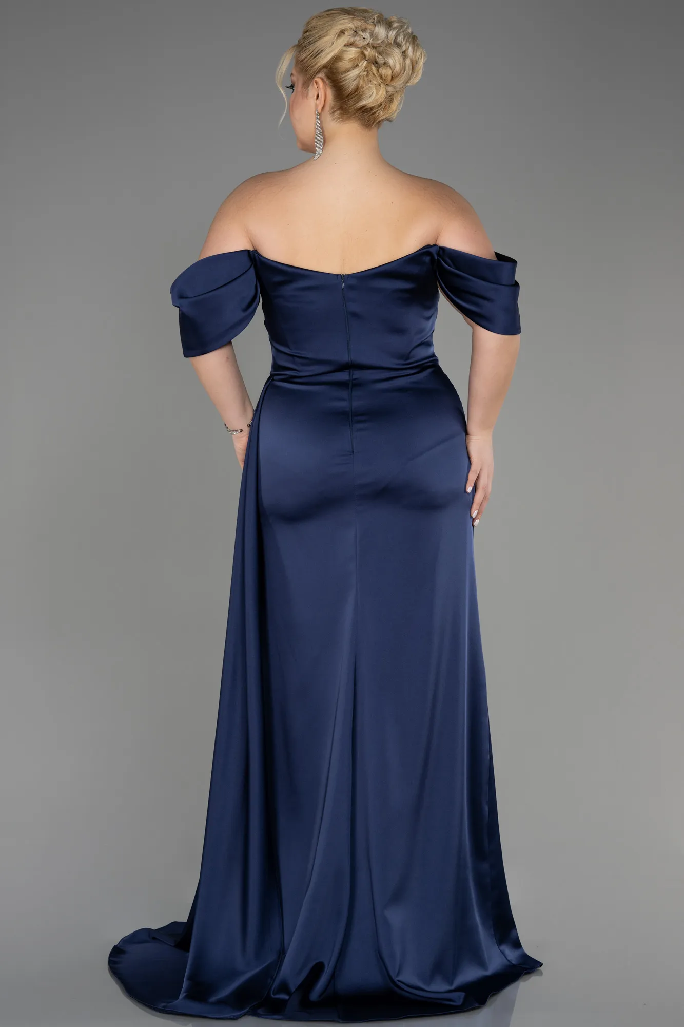 Navy Blue-Long Satin Plus Size Engagement Dress ABU3655