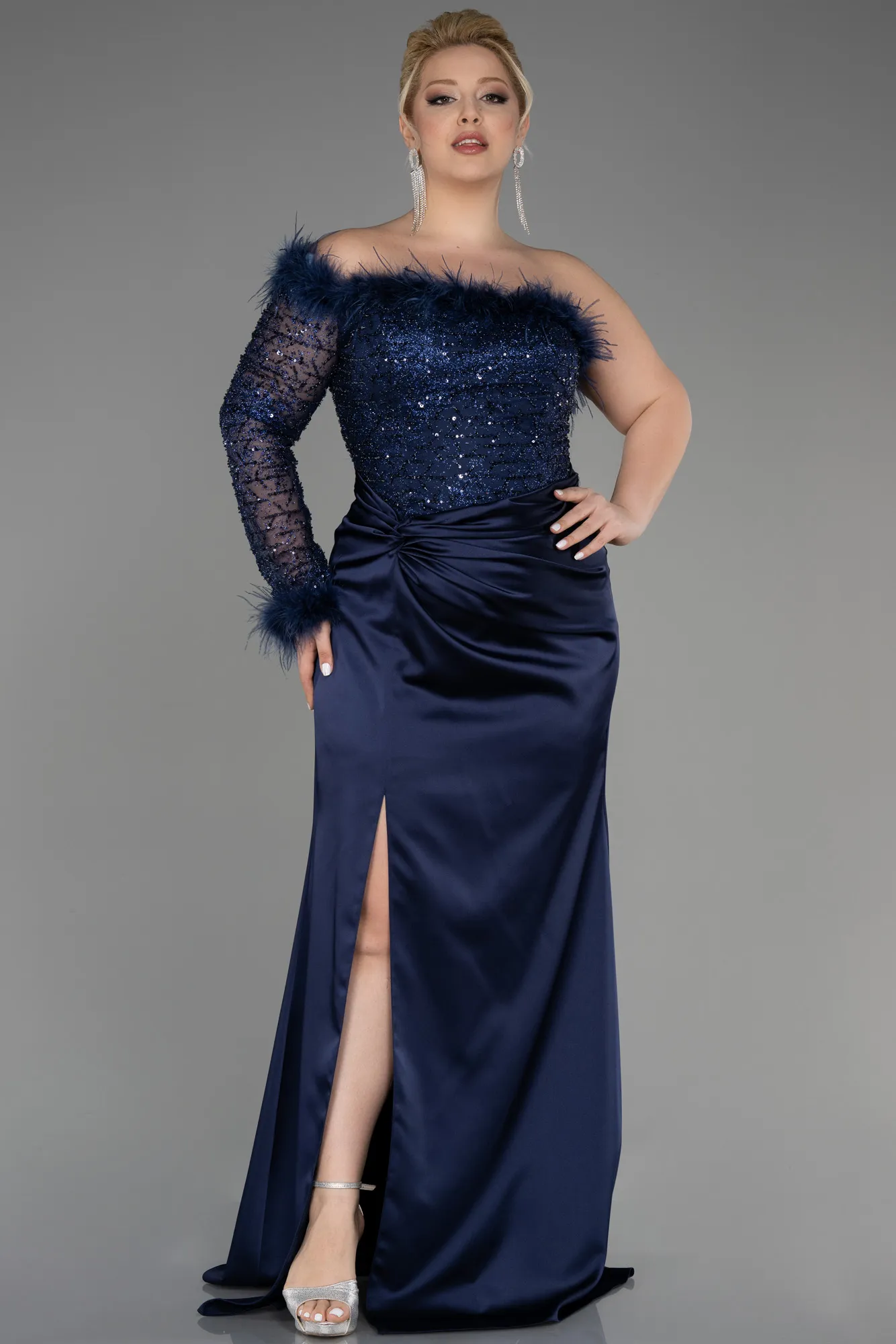 Navy Blue-Long Satin Plus Size Engagement Dress ABU3741
