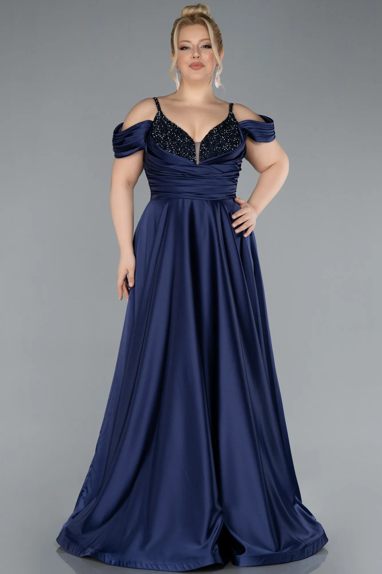 Navy Blue-Long Satin Plus Size Engagement Dress ABU4539