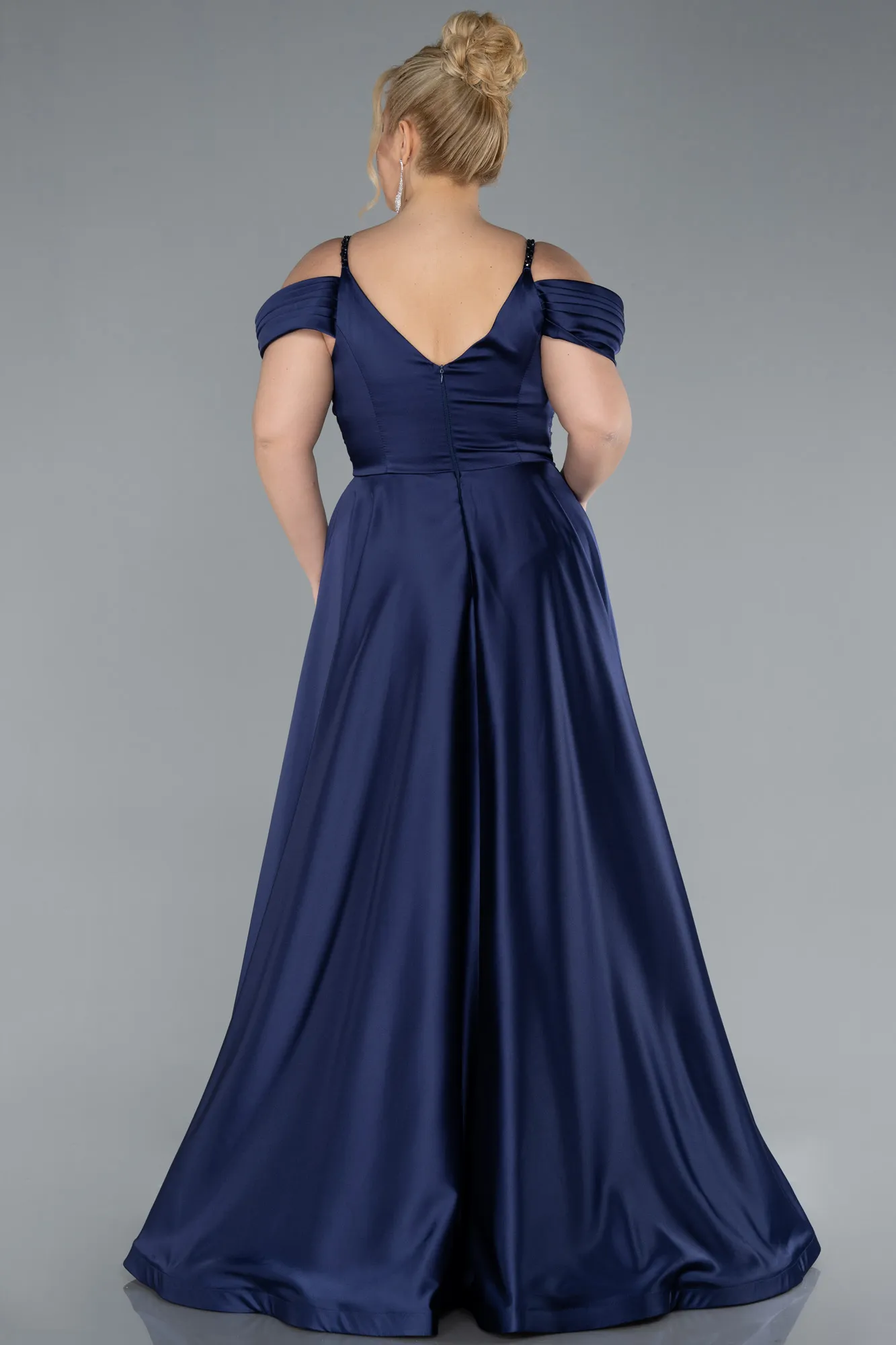 Navy Blue-Long Satin Plus Size Engagement Dress ABU4539
