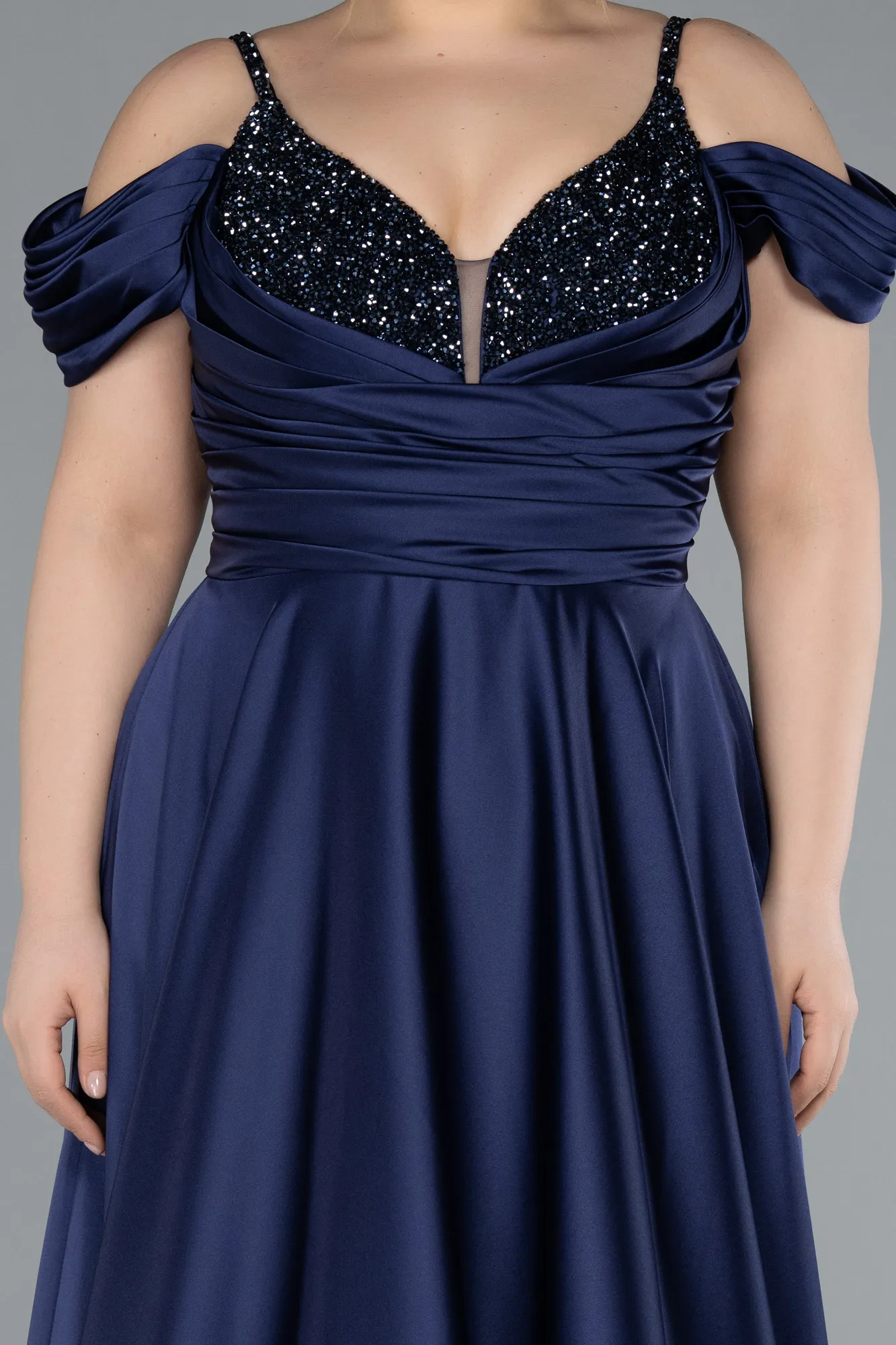 Navy Blue-Long Satin Plus Size Engagement Dress ABU4539