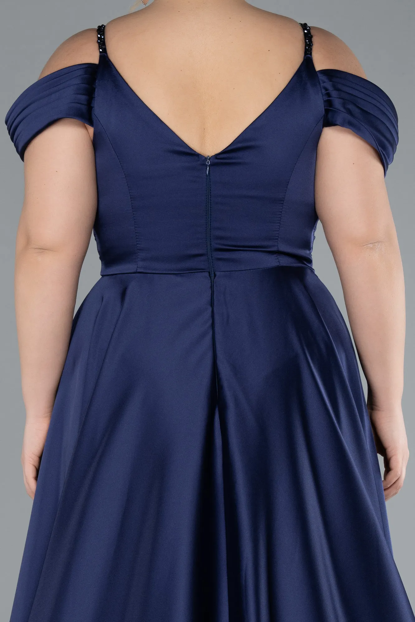 Navy Blue-Long Satin Plus Size Engagement Dress ABU4539