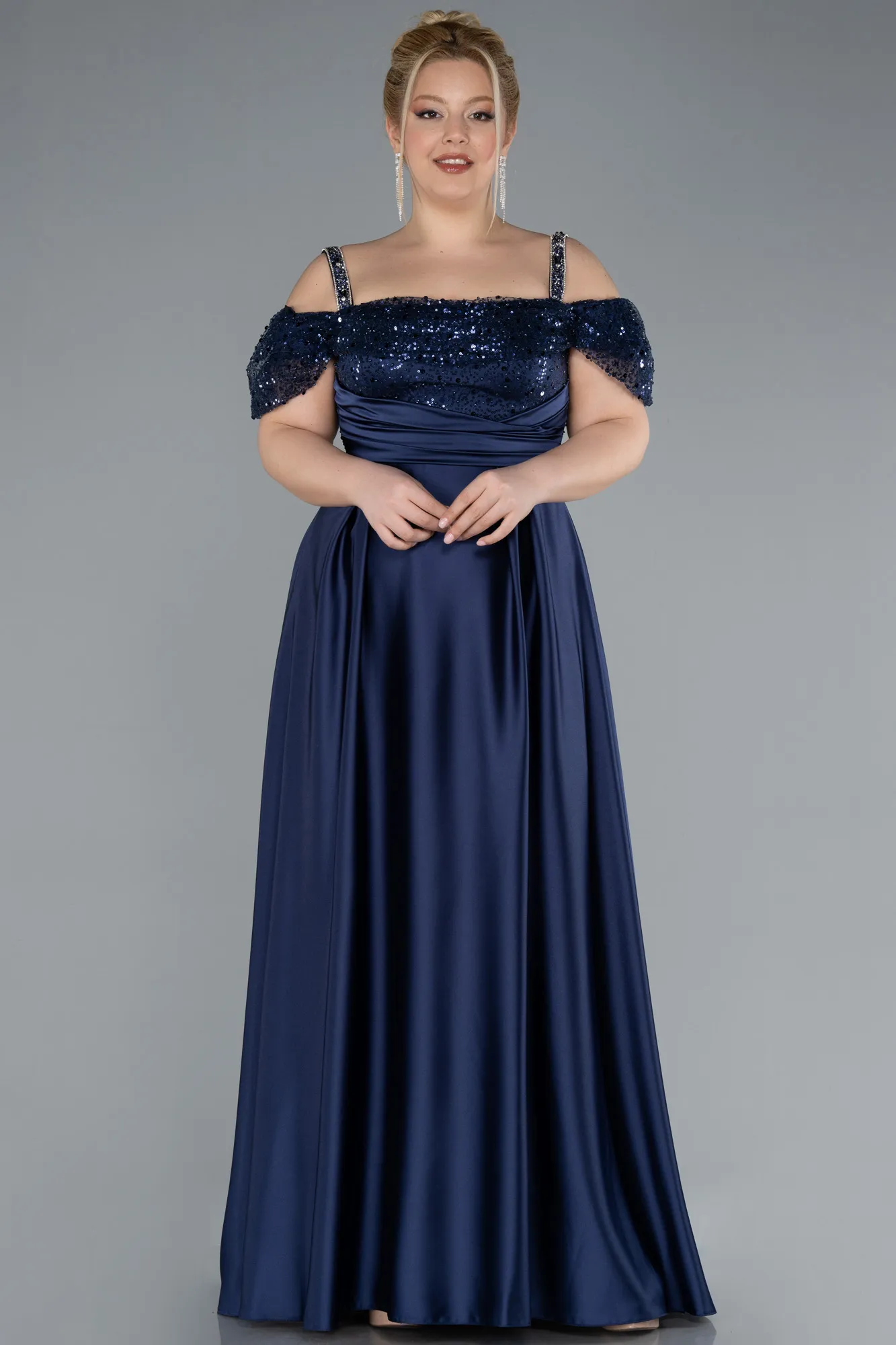 Navy Blue-Long Satin Plus Size Engagement Dress ABU4628
