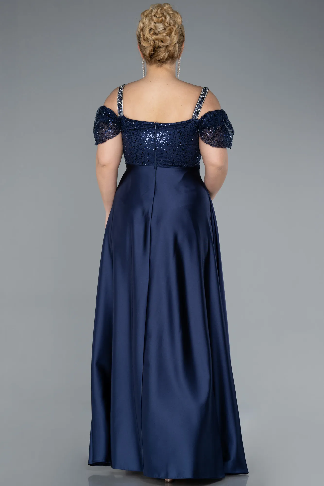 Navy Blue-Long Satin Plus Size Engagement Dress ABU4628
