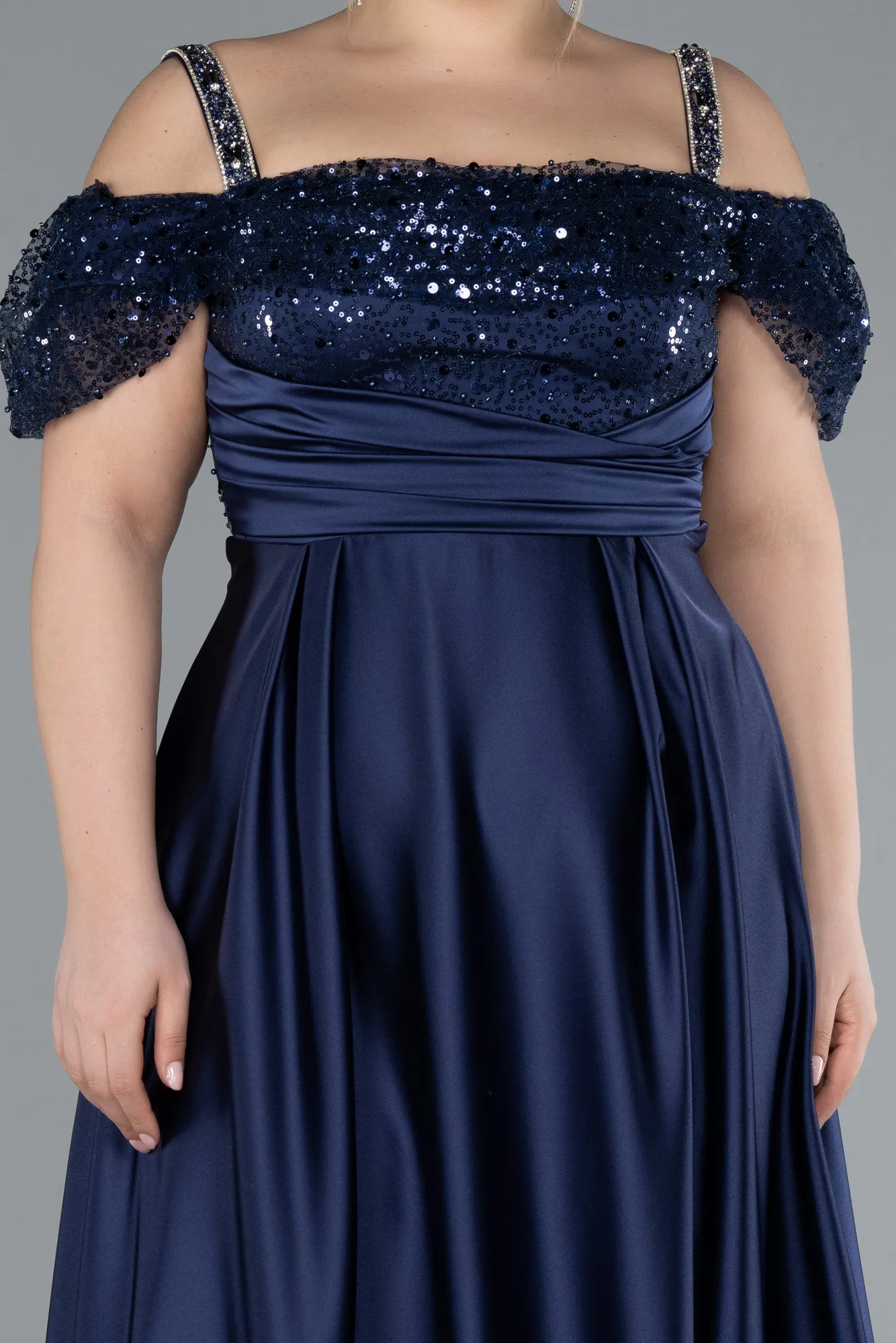 Navy Blue-Long Satin Plus Size Engagement Dress ABU4628