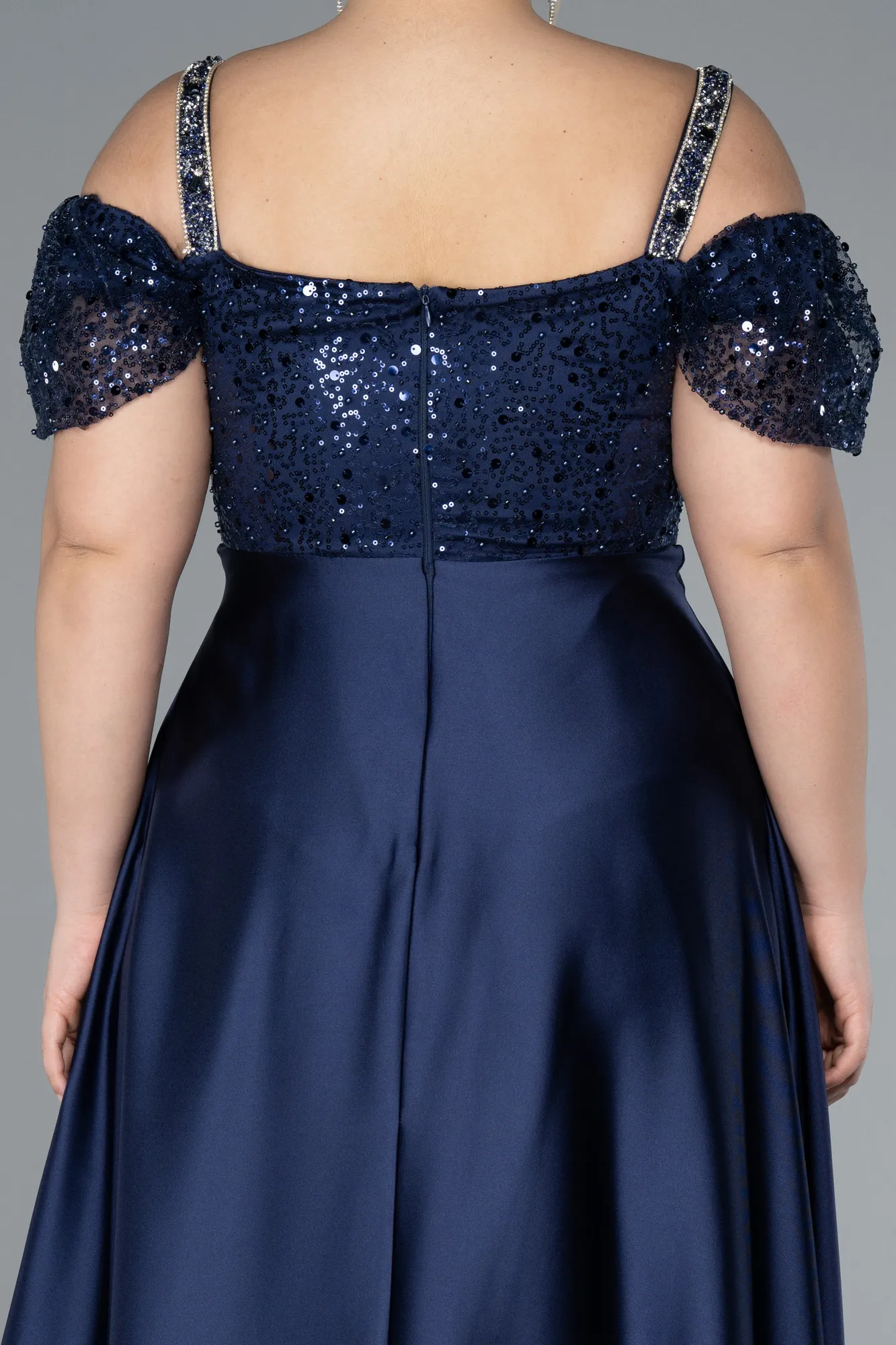 Navy Blue-Long Satin Plus Size Engagement Dress ABU4628
