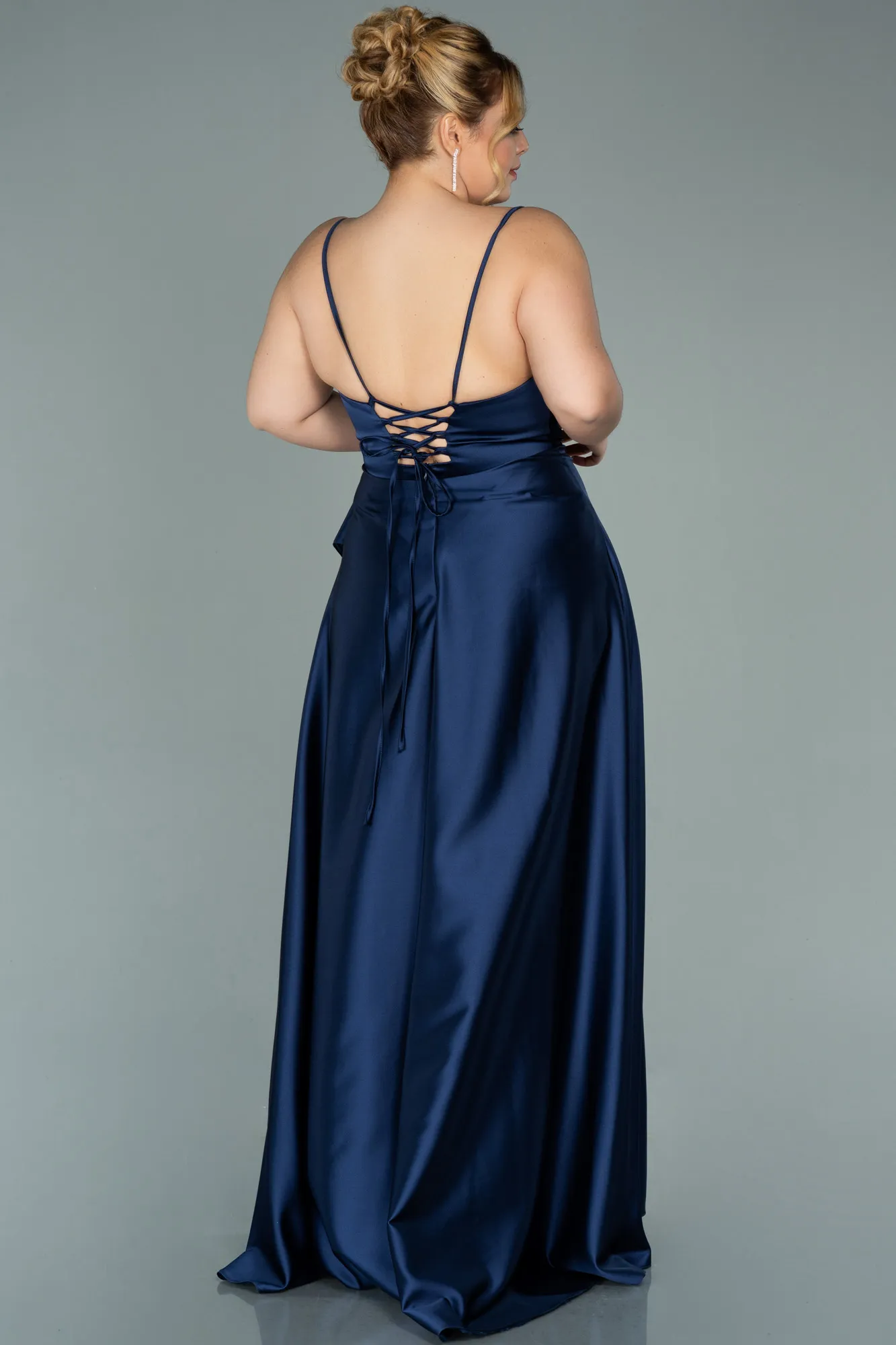 Navy Blue-Long Satin Plus Size Evening Dress ABU2011