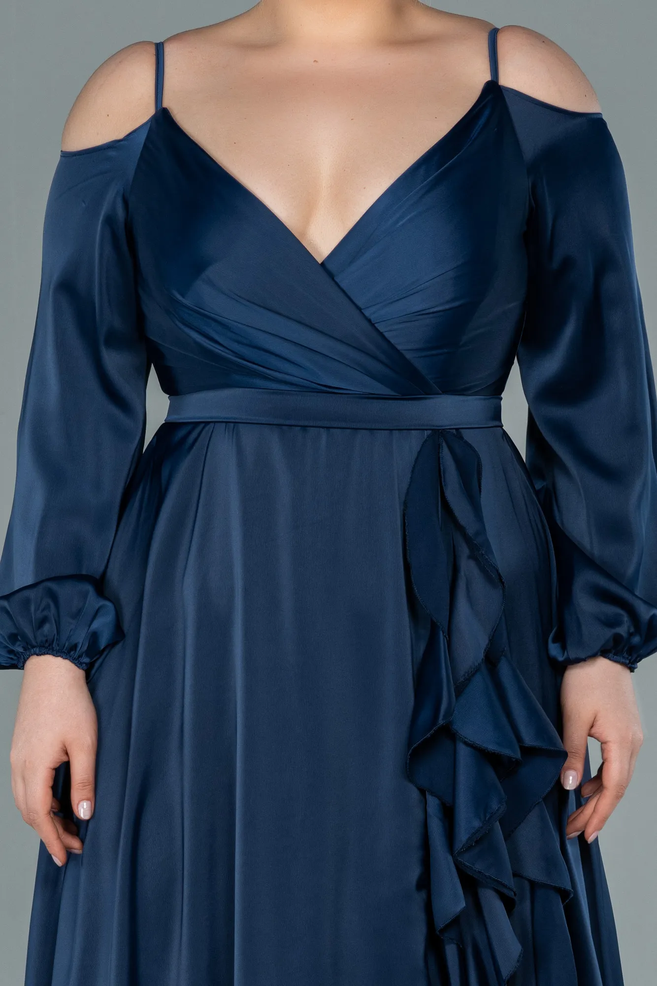 Navy Blue-Long Satin Plus Size Evening Dress ABU2358