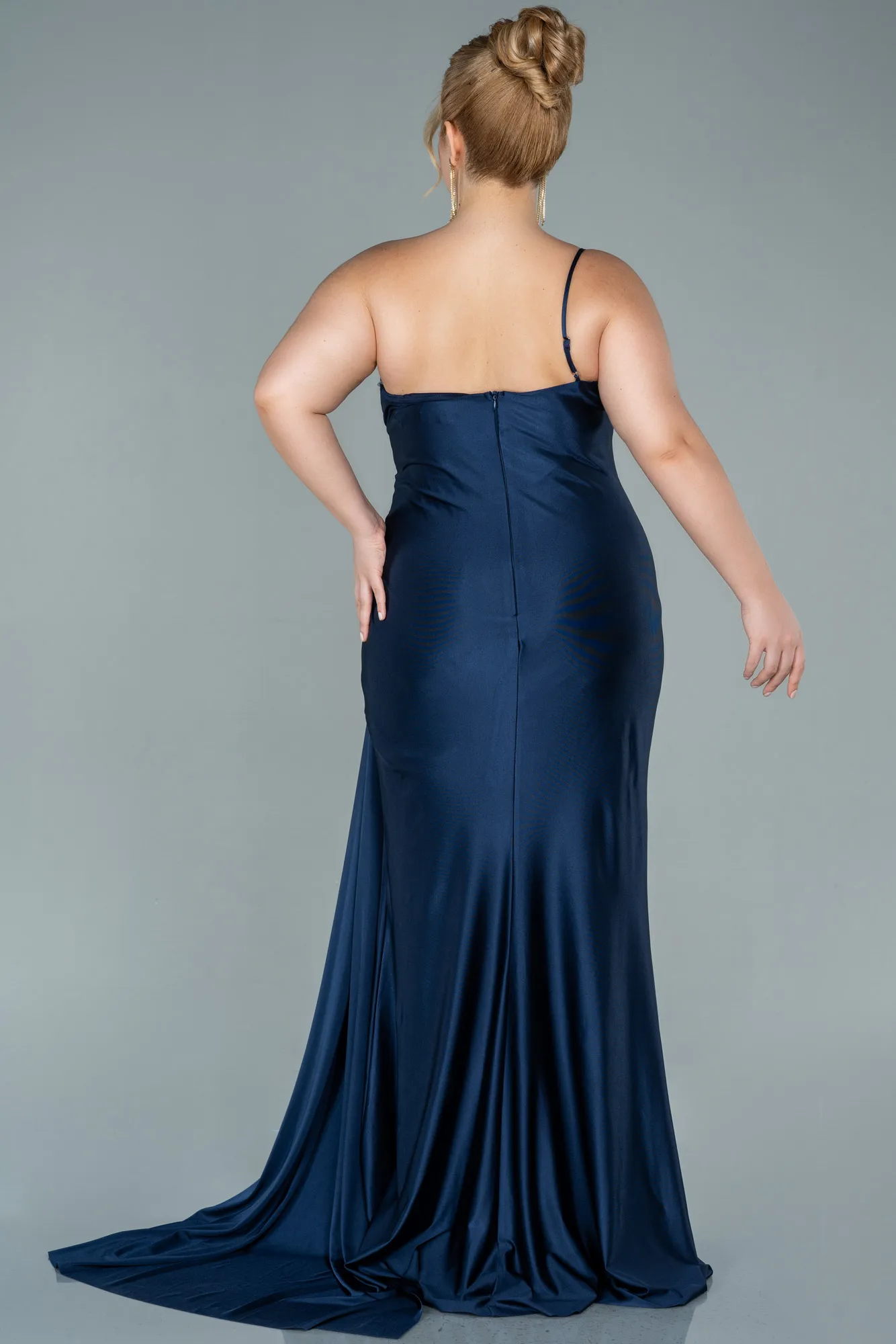 Navy Blue-Long Satin Plus Size Evening Dress ABU2532