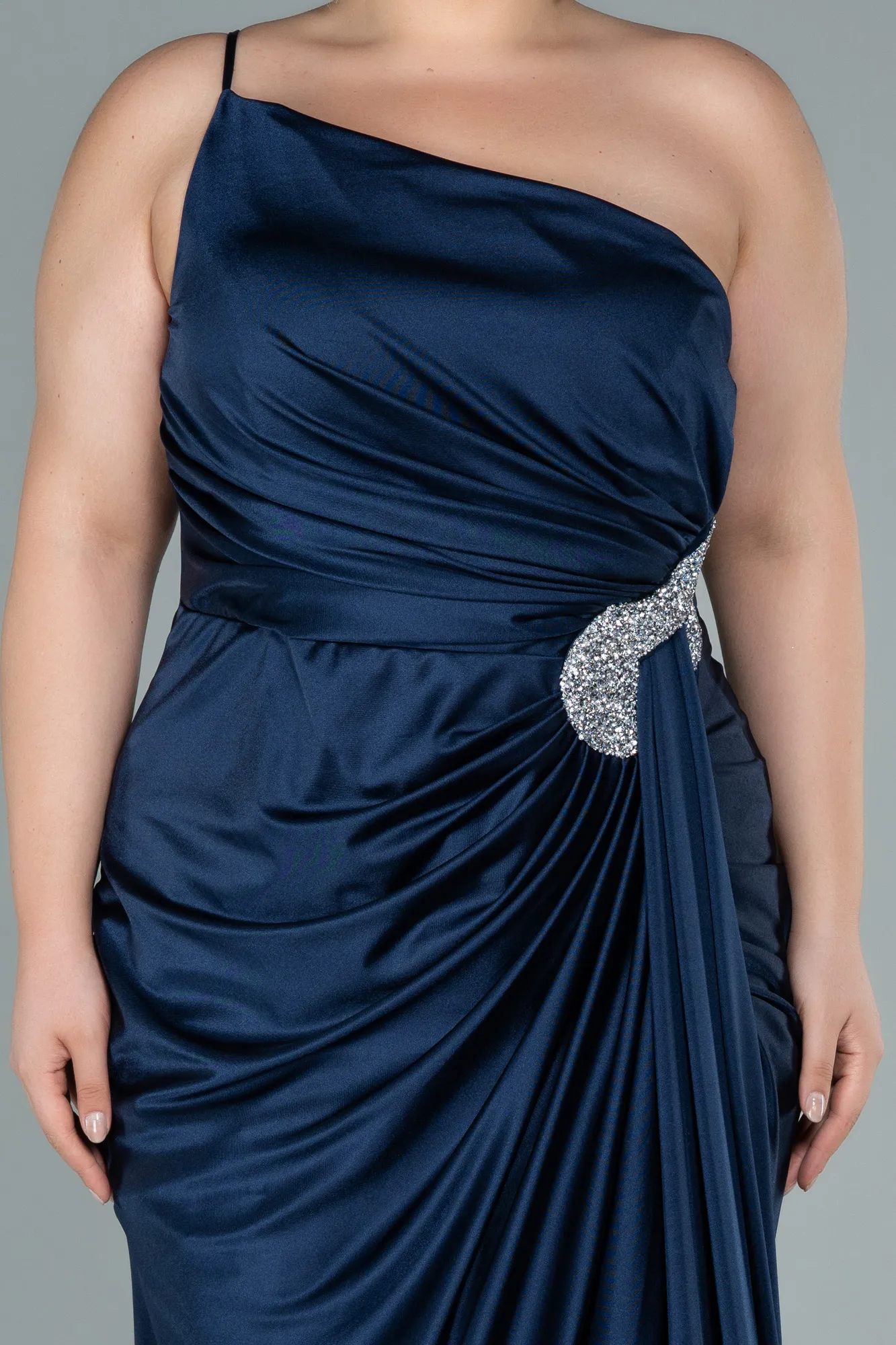 Navy Blue-Long Satin Plus Size Evening Dress ABU2532