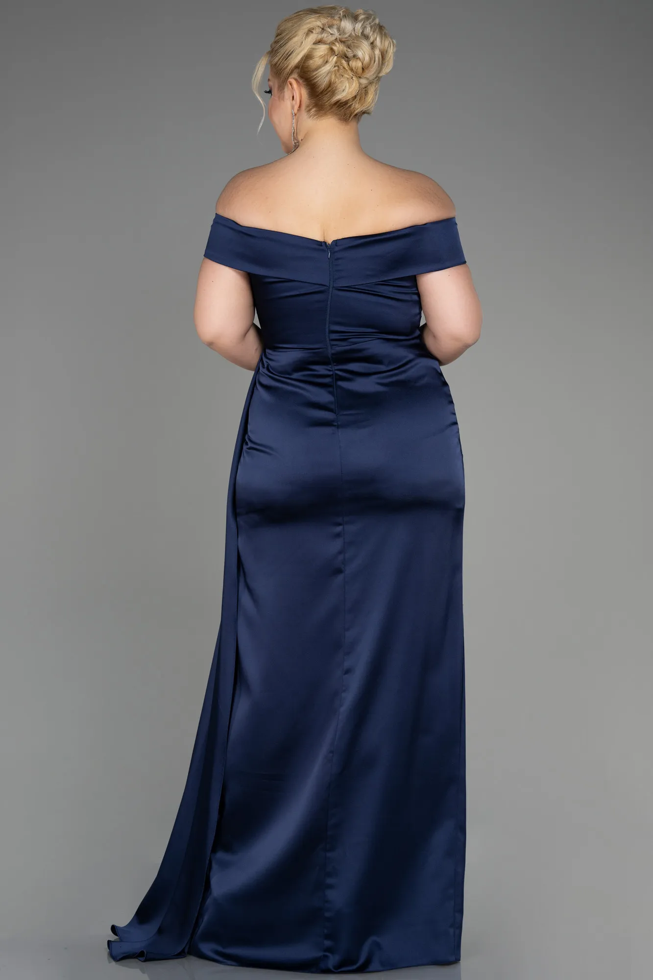 Navy Blue-Long Satin Plus Size Evening Dress ABU2561