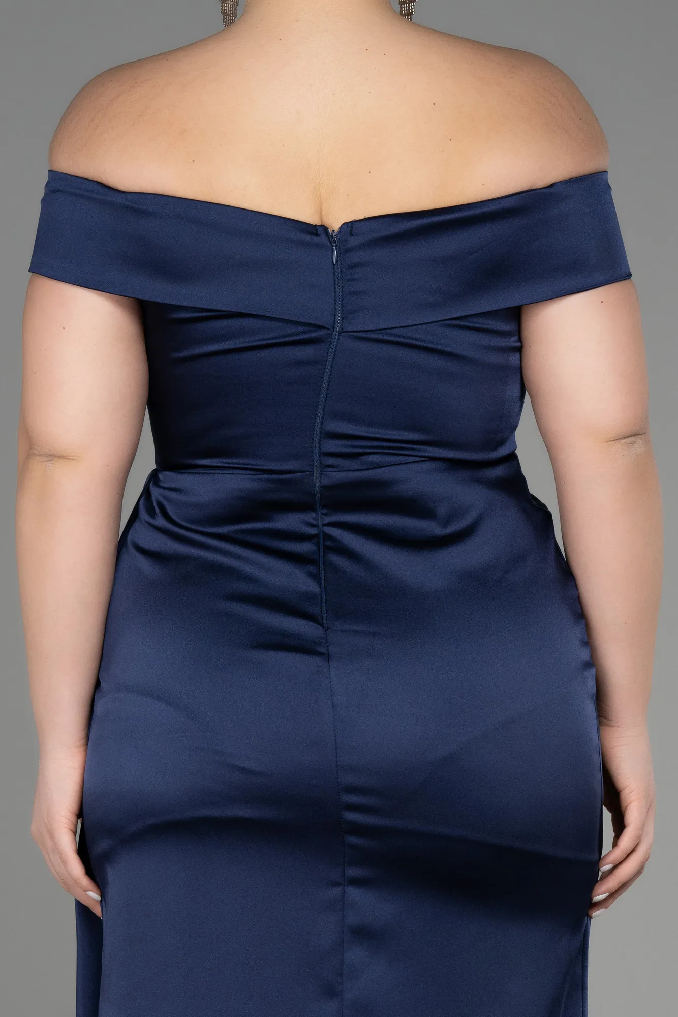 Navy Blue-Long Satin Plus Size Evening Dress ABU2561