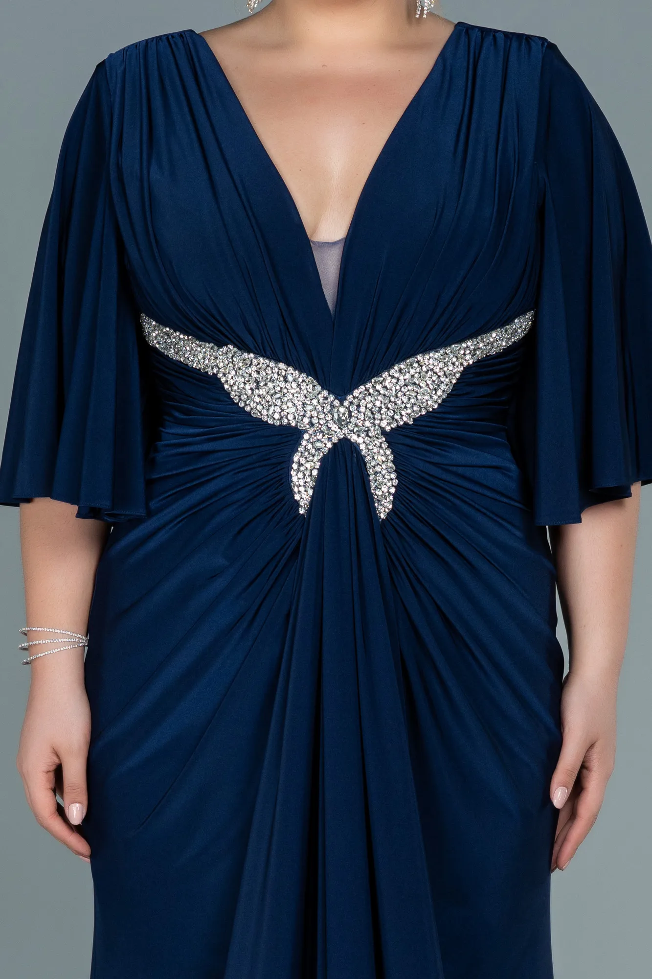 Navy Blue-Long Satin Plus Size Evening Dress ABU2646