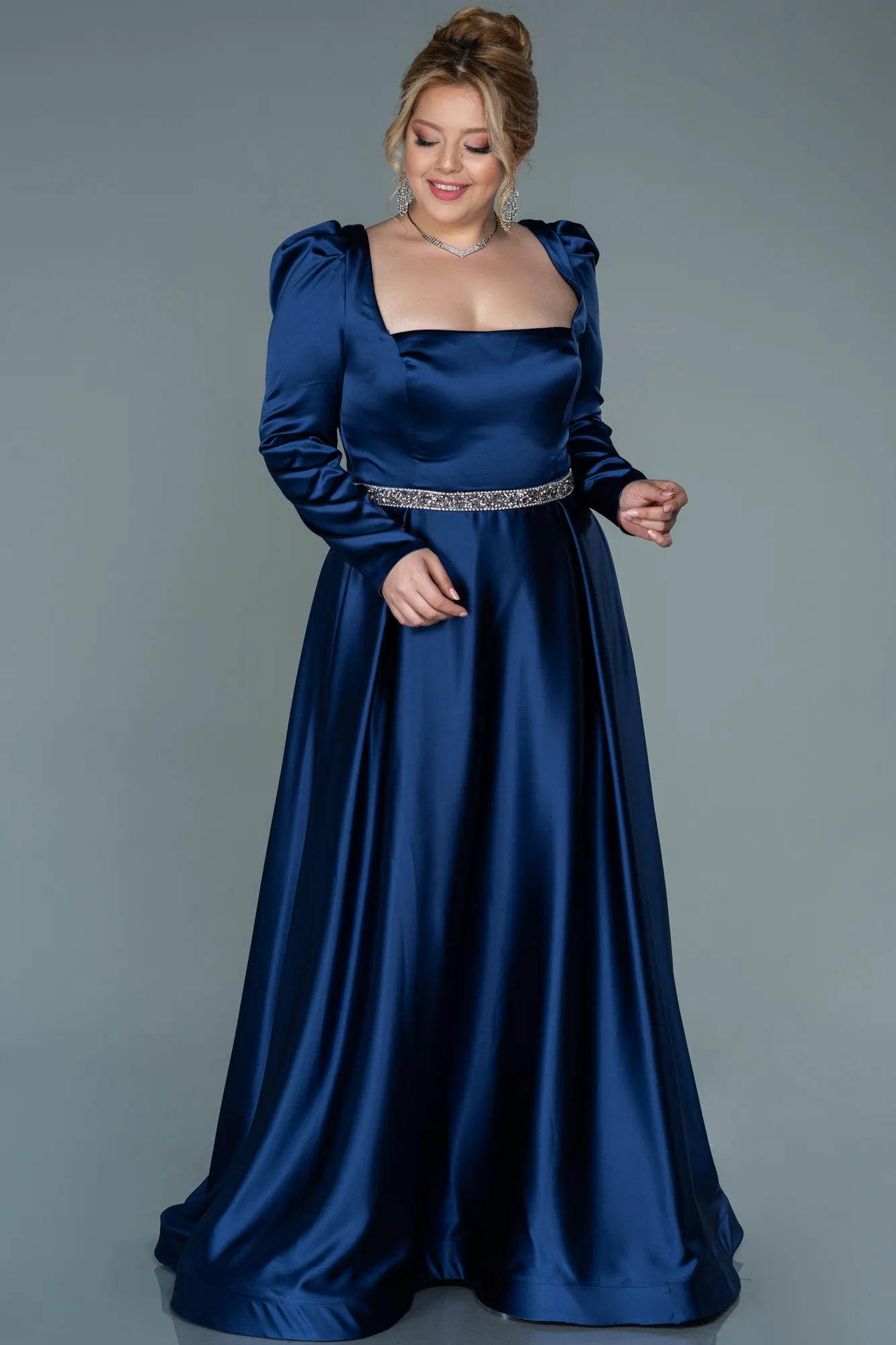 Navy Blue-Long Satin Plus Size Evening Dress ABU2684